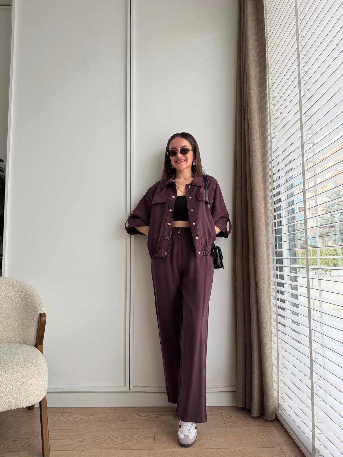 Mürdüm Çıtçıt Düğmeli Bomber Ceket Pantolon Takım 0218
