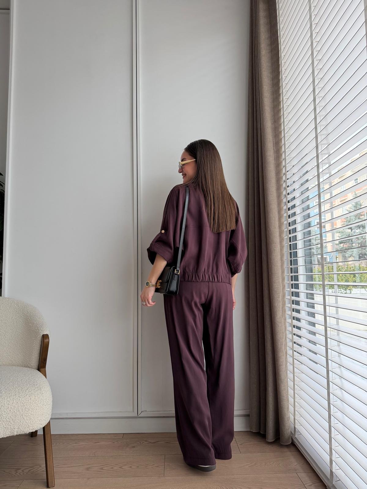 Mürdüm Çıtçıt Düğmeli Bomber Ceket Pantolon Takım 0218