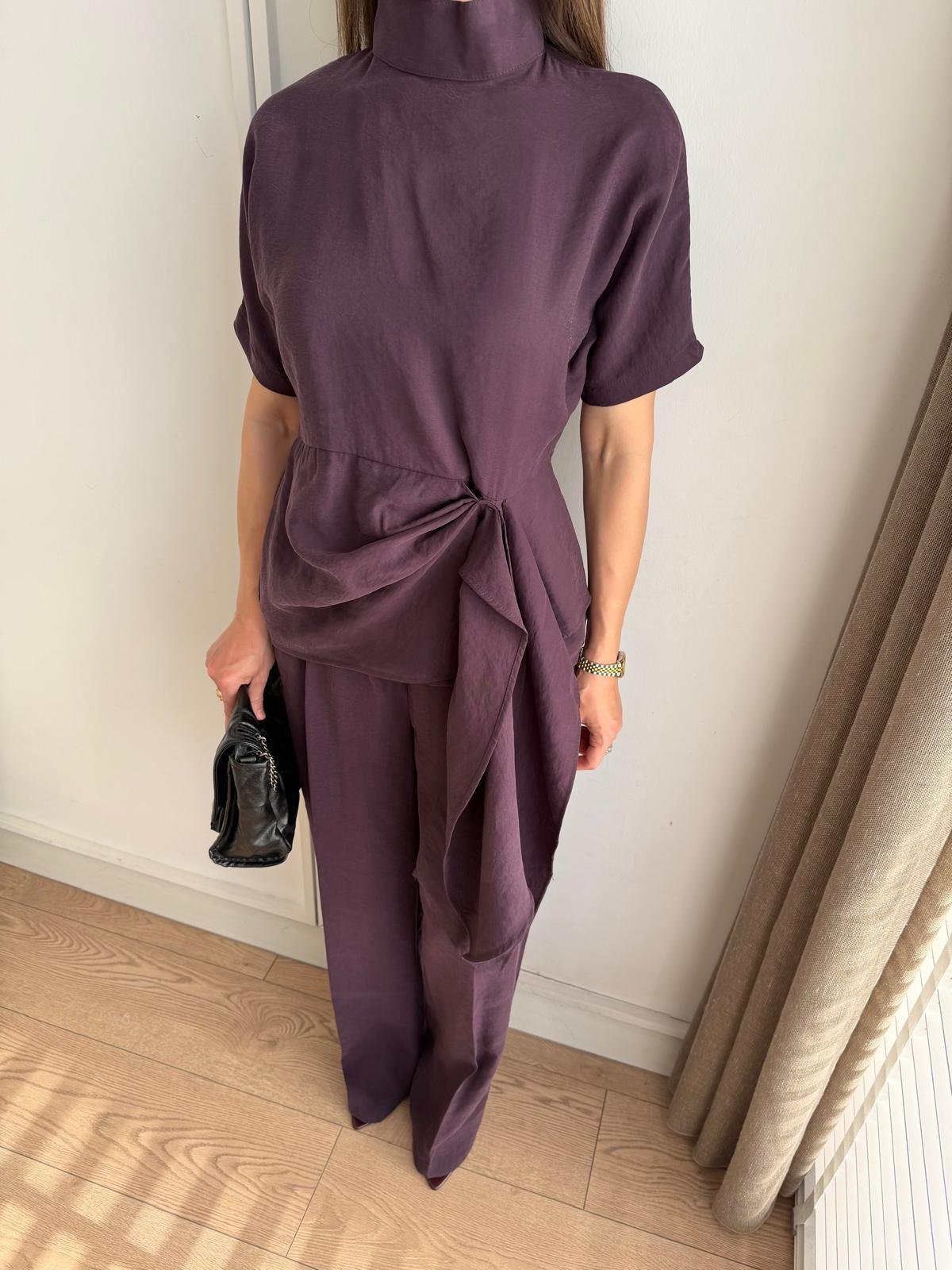 Mürdüm Düğümlü Kısa Kol Bluz Pantolon Takım 9154