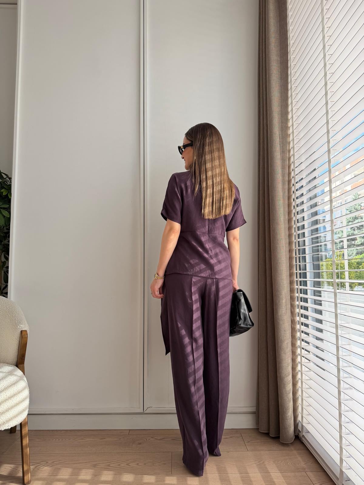 Mürdüm Düğümlü Kısa Kol Bluz Pantolon Takım 9154