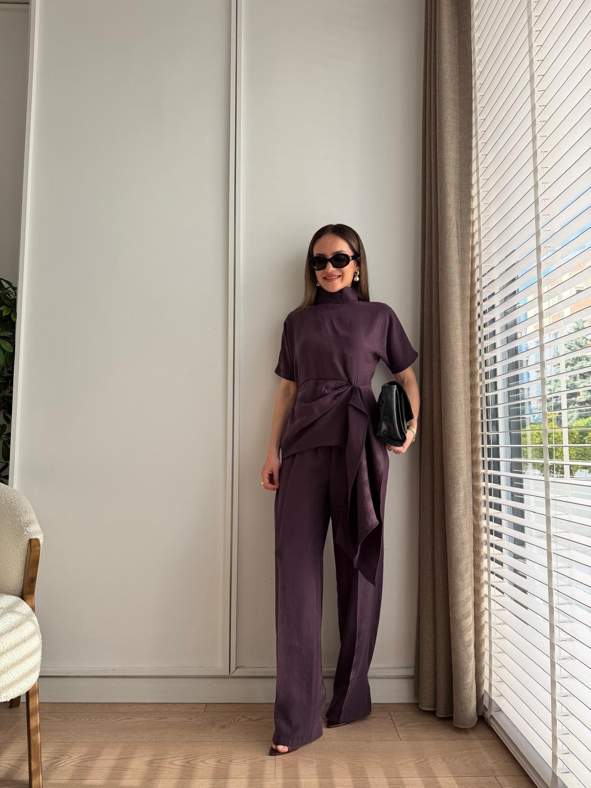 Mürdüm Düğümlü Kısa Kol Bluz Pantolon Takım 9154