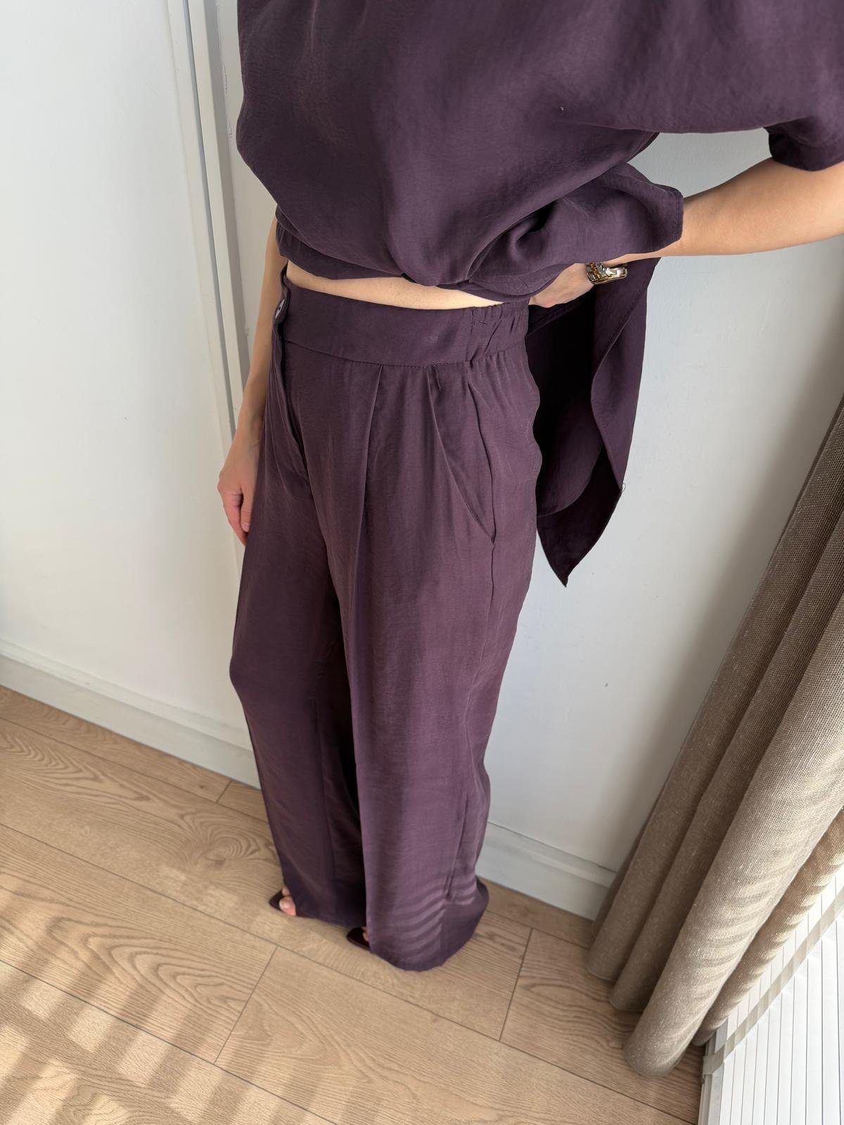 Mürdüm Düğümlü Kısa Kol Bluz Pantolon Takım 9154