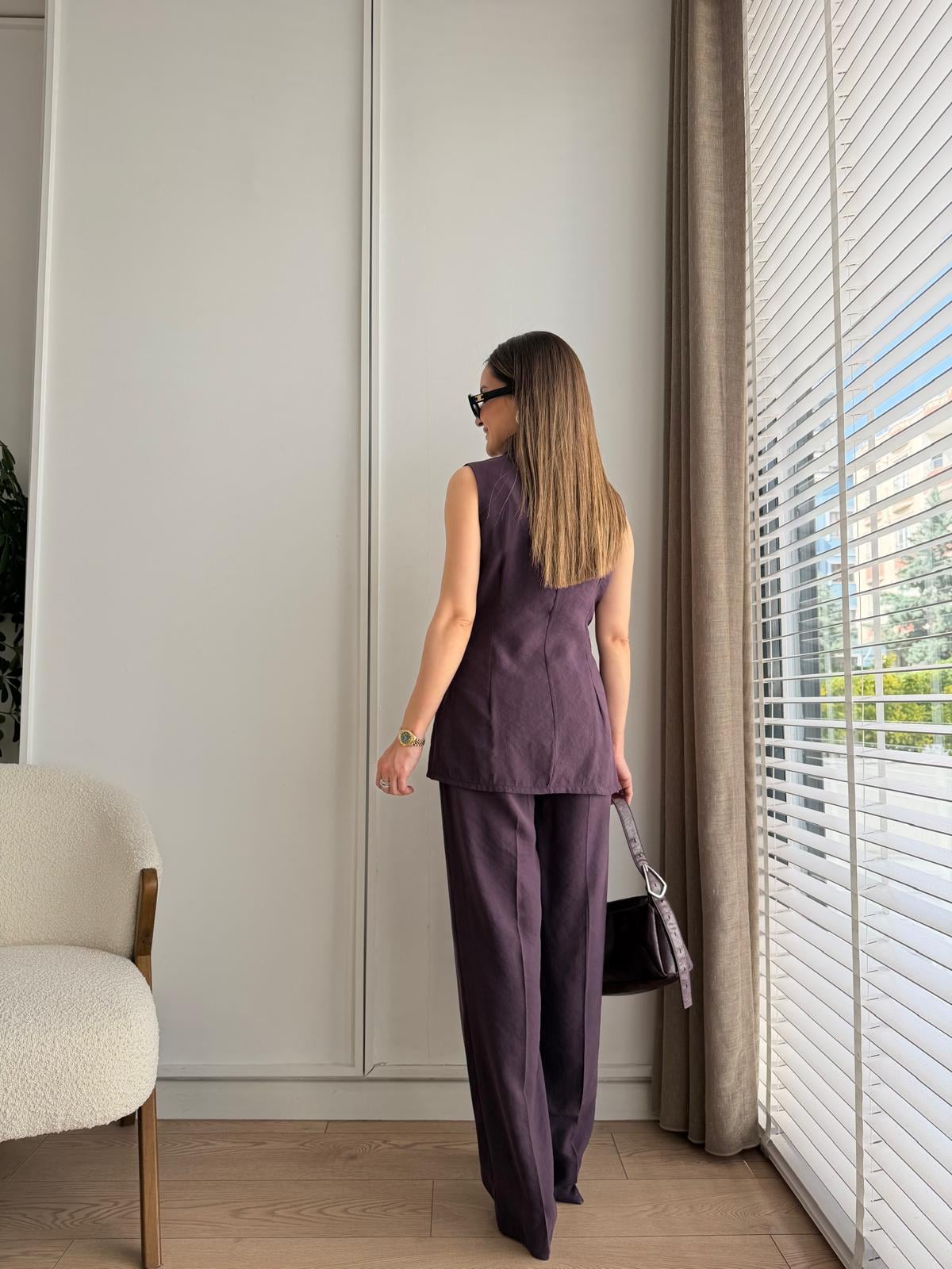 Mürdüm Fiyonklu Bluz Pantolon Tensel Takım 9030