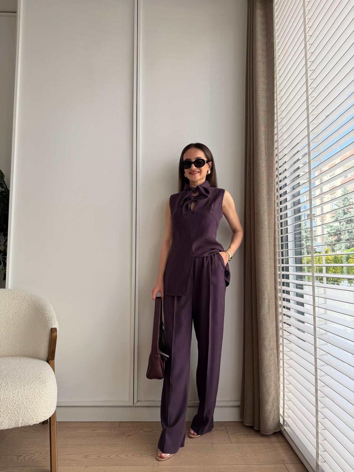 Mürdüm Fiyonklu Bluz Pantolon Tensel Takım 9030