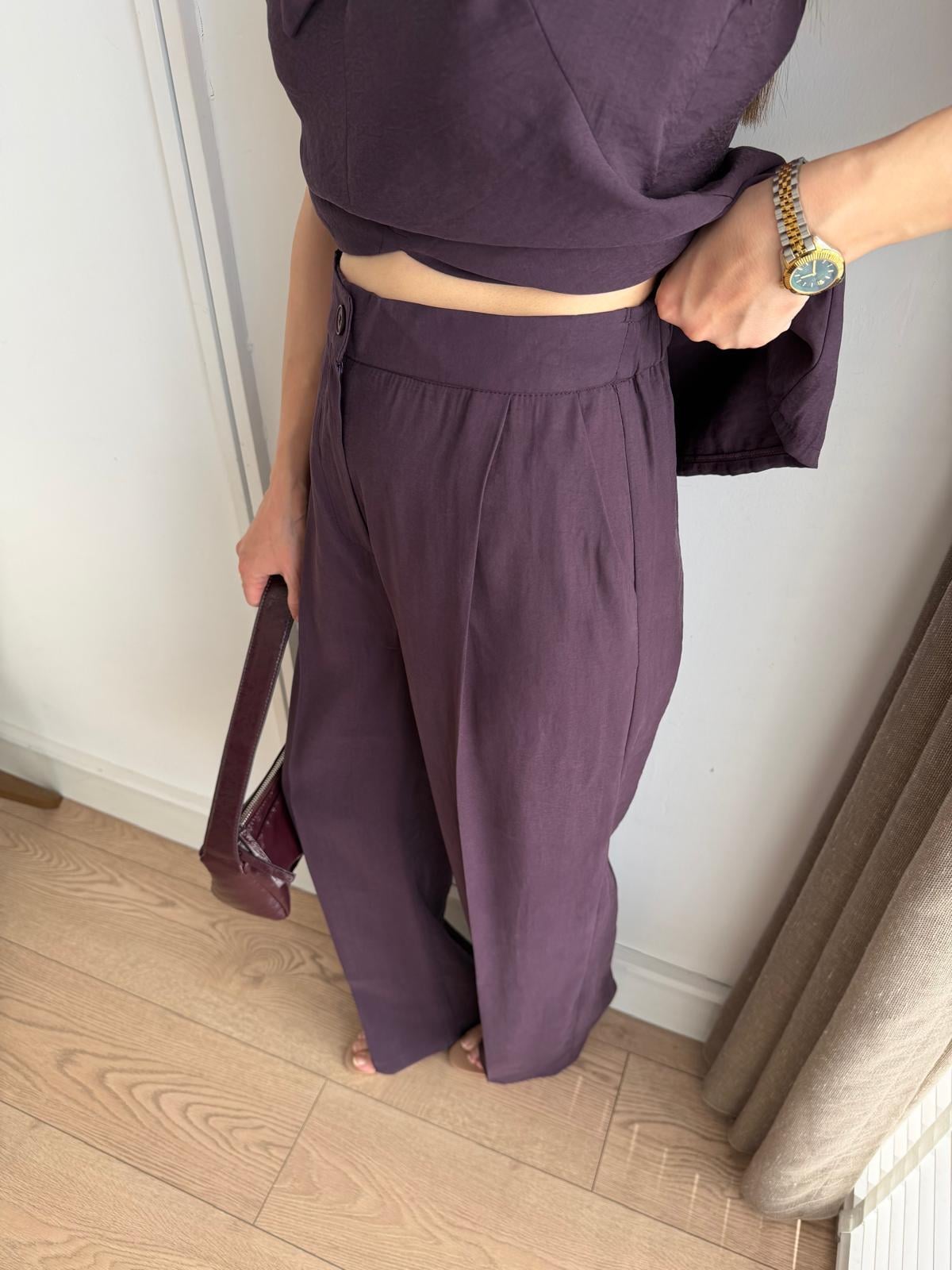 Mürdüm Fiyonklu Bluz Pantolon Tensel Takım 9030