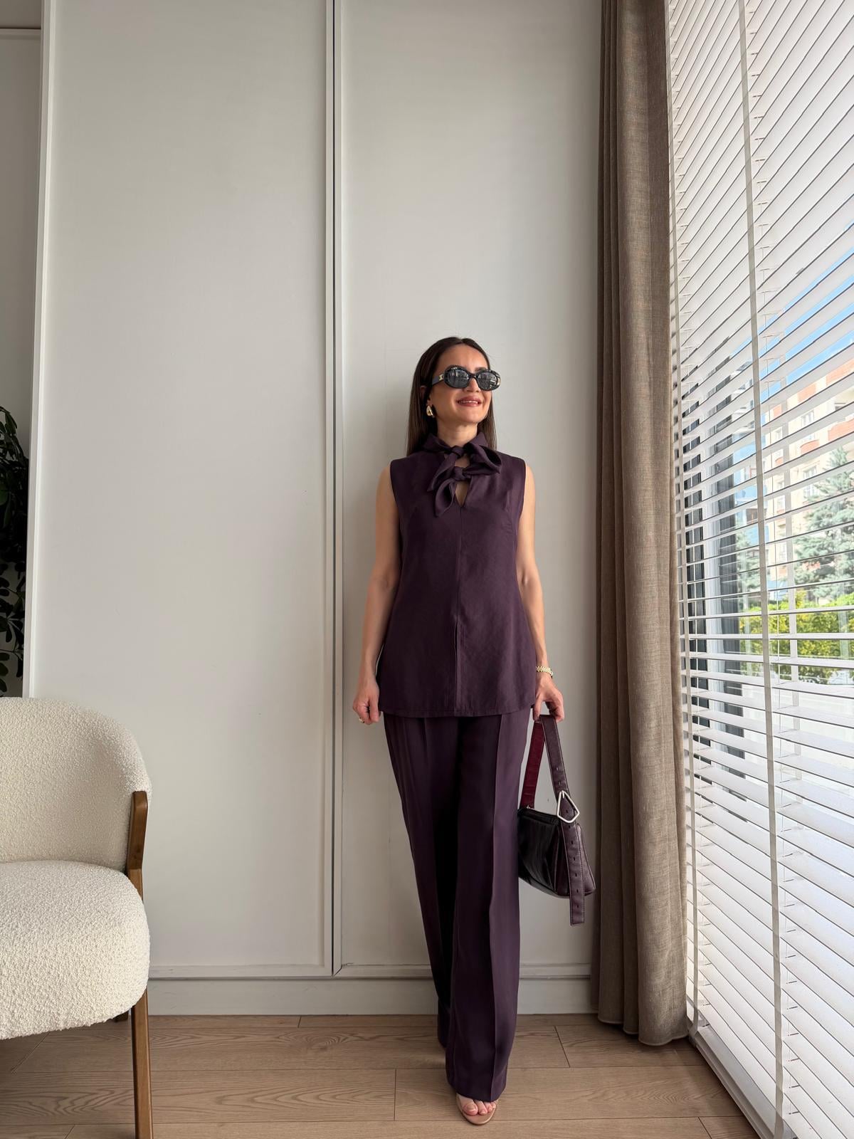 Mürdüm Fiyonklu Bluz Pantolon Tensel Takım 9030