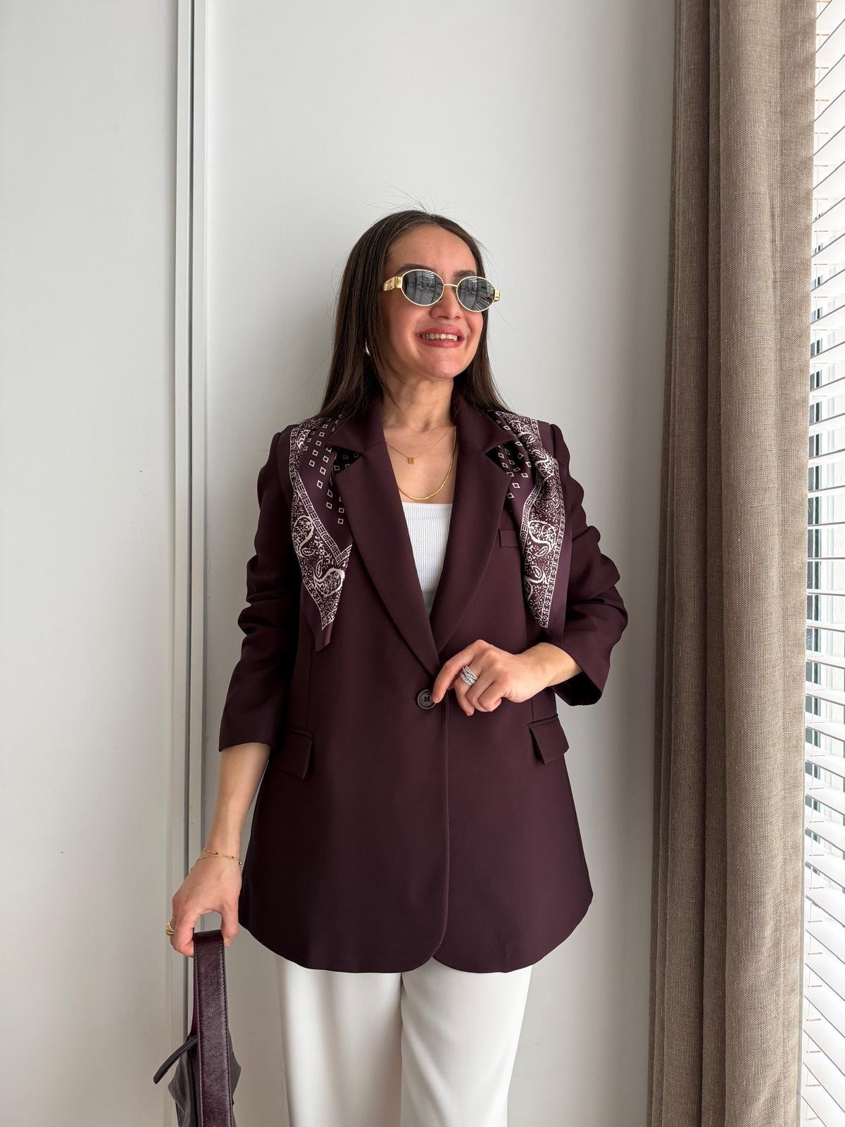 Mürdüm Fular Detaylı Vatkalı Blazer Ceket 7665