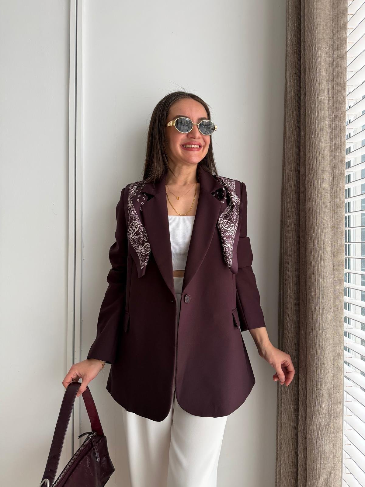 Mürdüm Fular Detaylı Vatkalı Blazer Ceket 7665