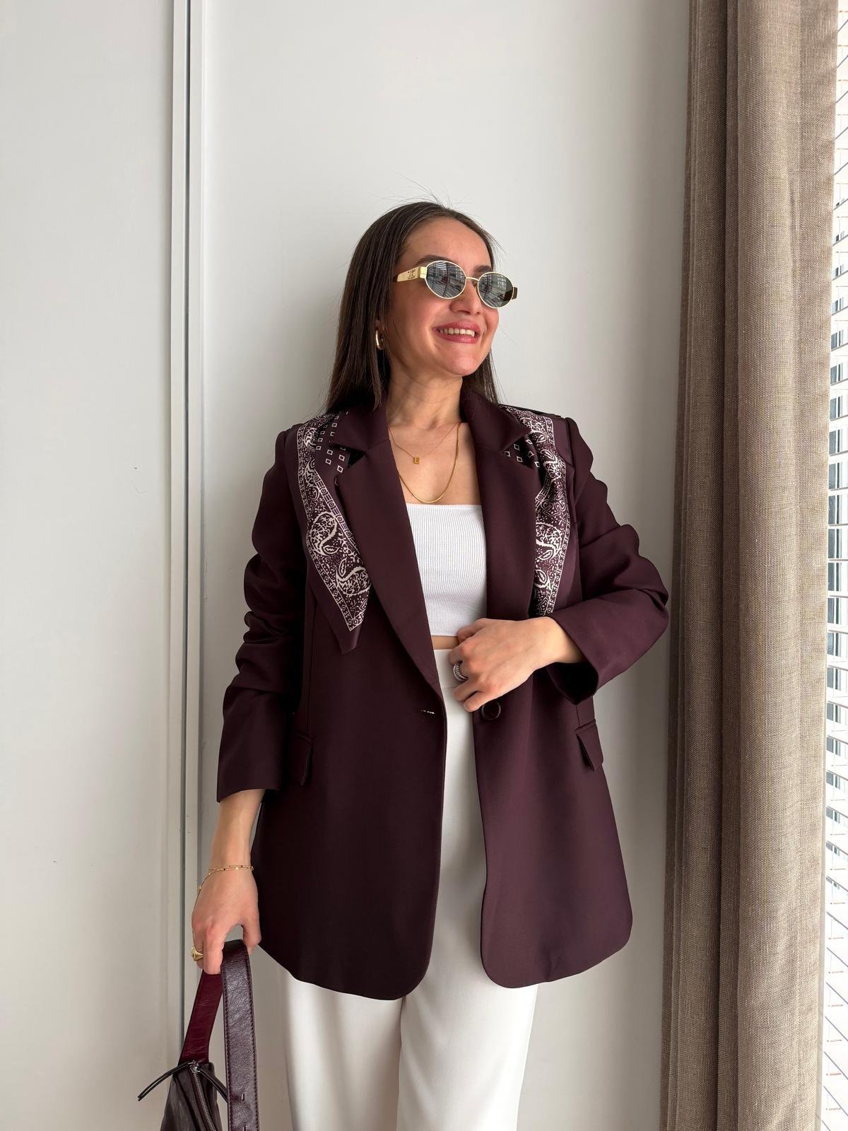 Mürdüm Fular Detaylı Vatkalı Blazer Ceket 7665