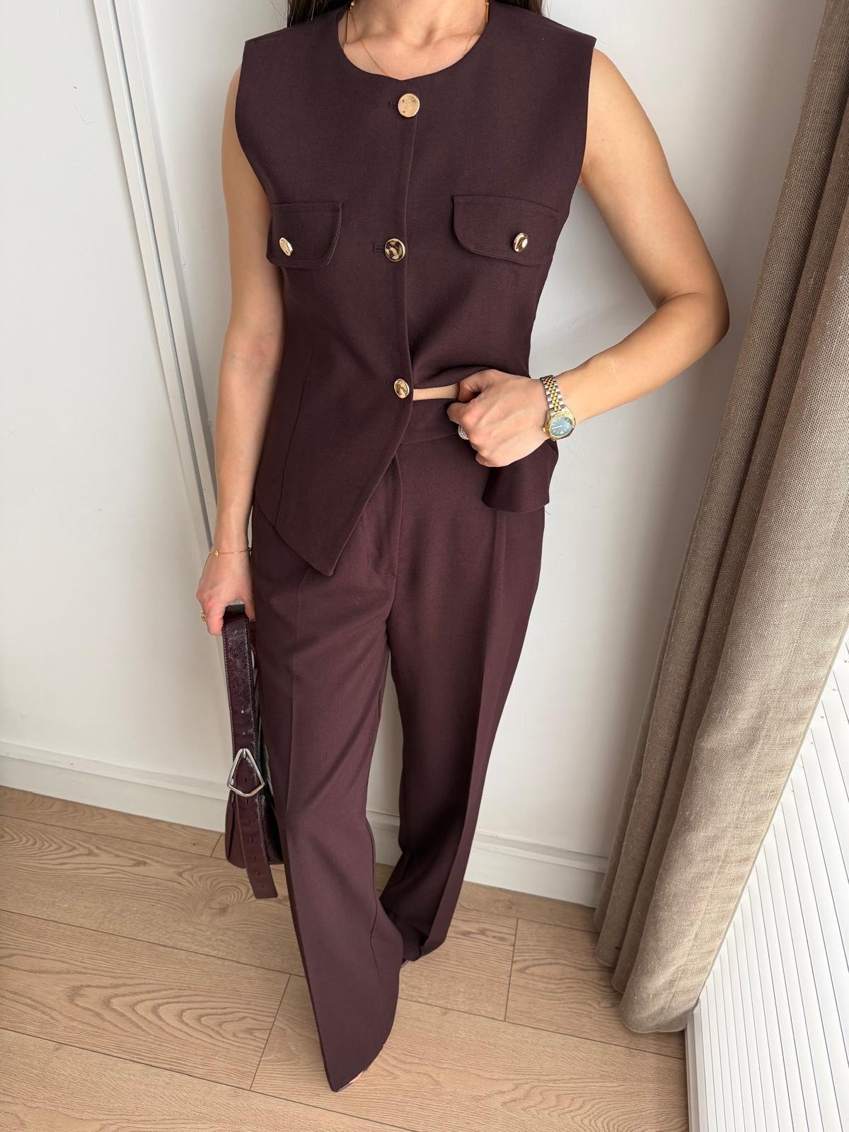 Mürdüm Gold Düğmeli Yelek Pantolon Takım 8907