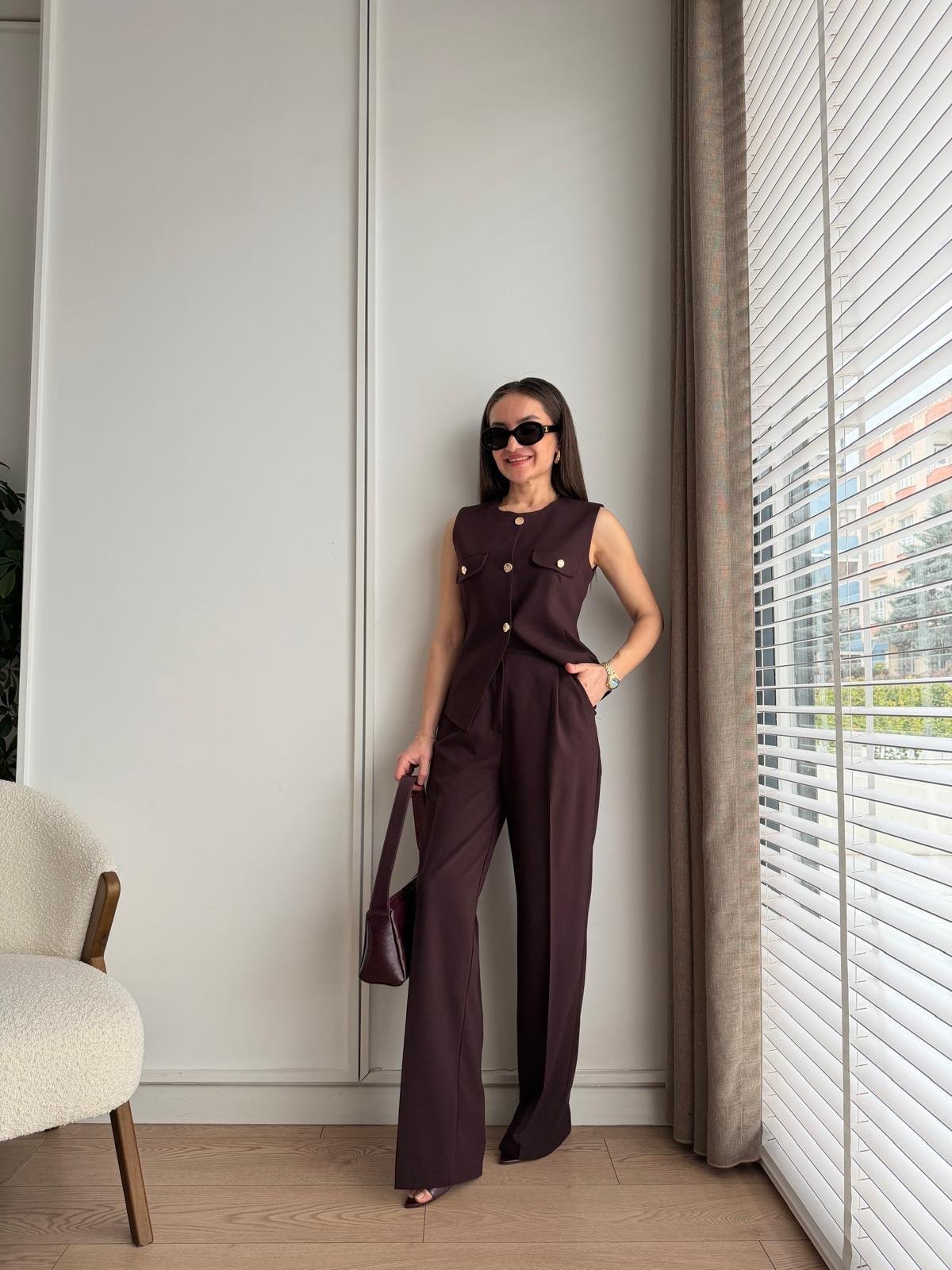 Mürdüm Gold Düğmeli Yelek Pantolon Takım 8907