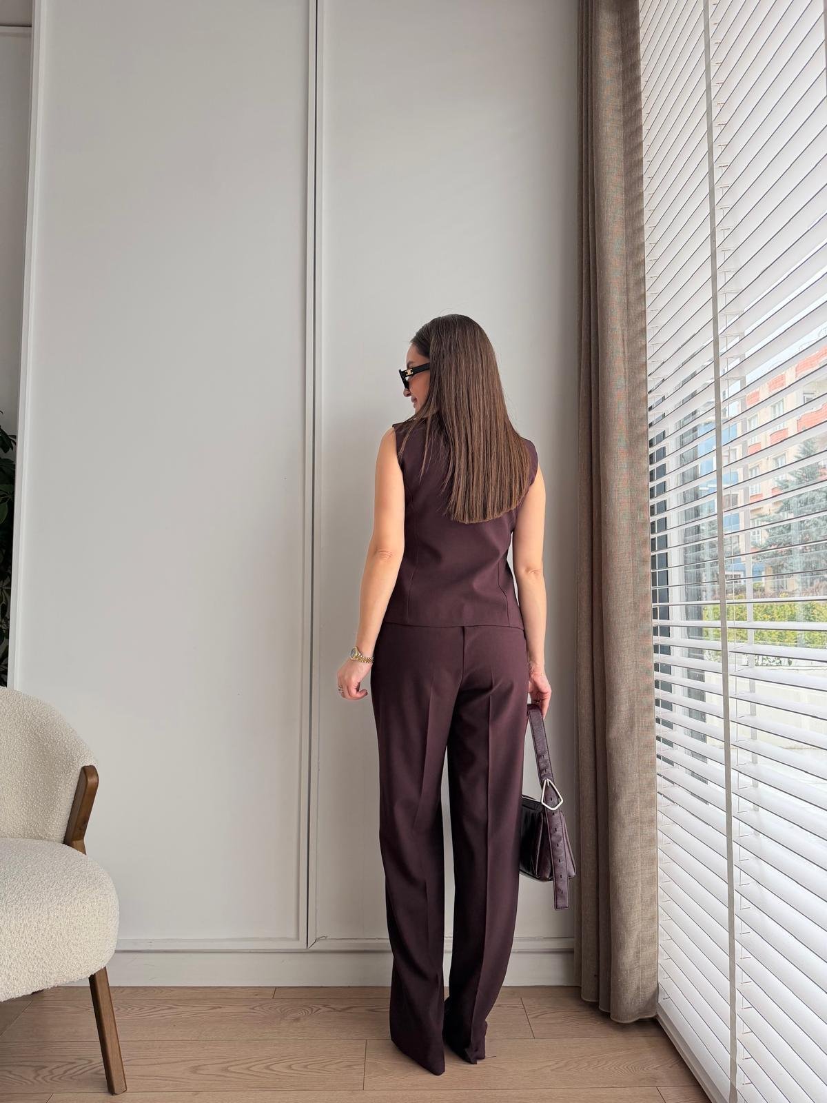 Mürdüm Gold Düğmeli Yelek Pantolon Takım 8907