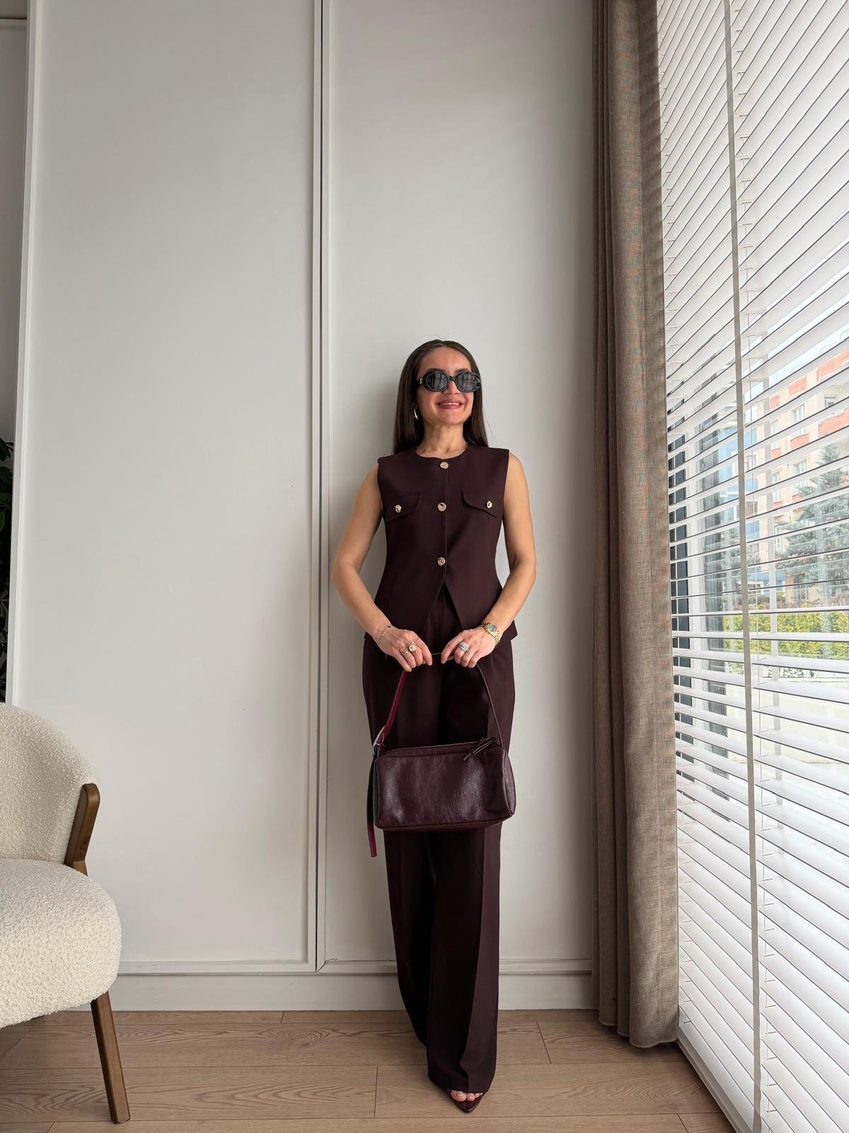 Mürdüm Gold Düğmeli Yelek Pantolon Takım 8907