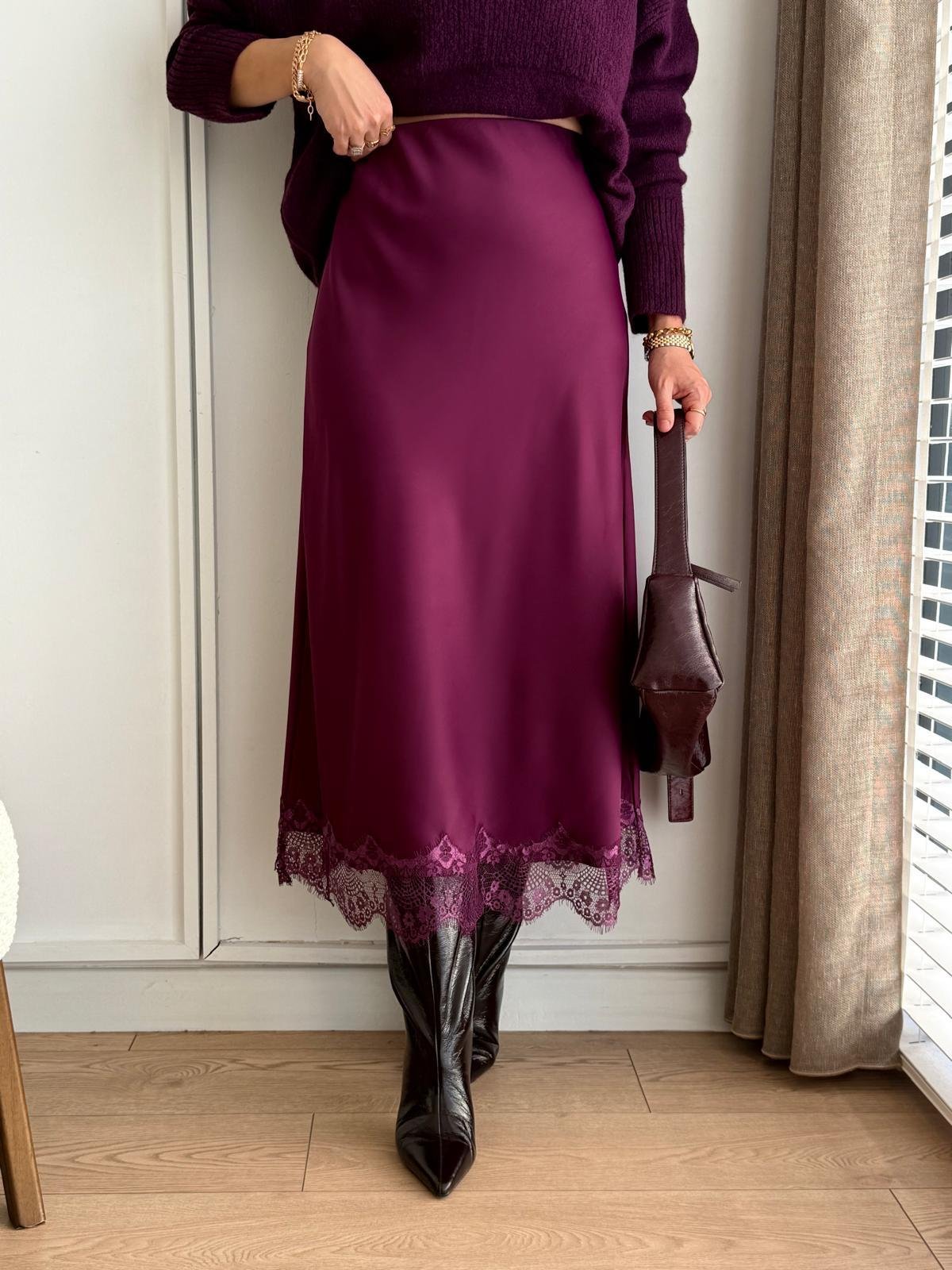 Mürdüm Güpür Detaylı Saten Etek 580547