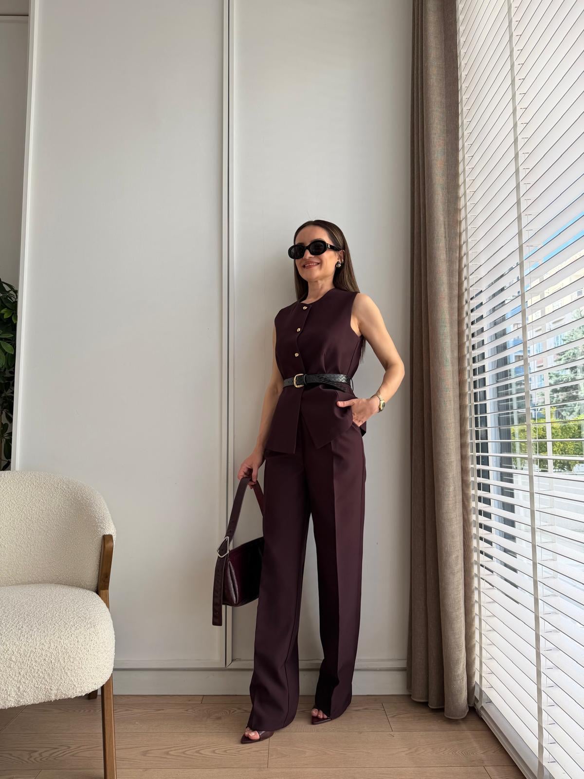 Mürdüm Kemerli Yelek Pantolon Takım 8891