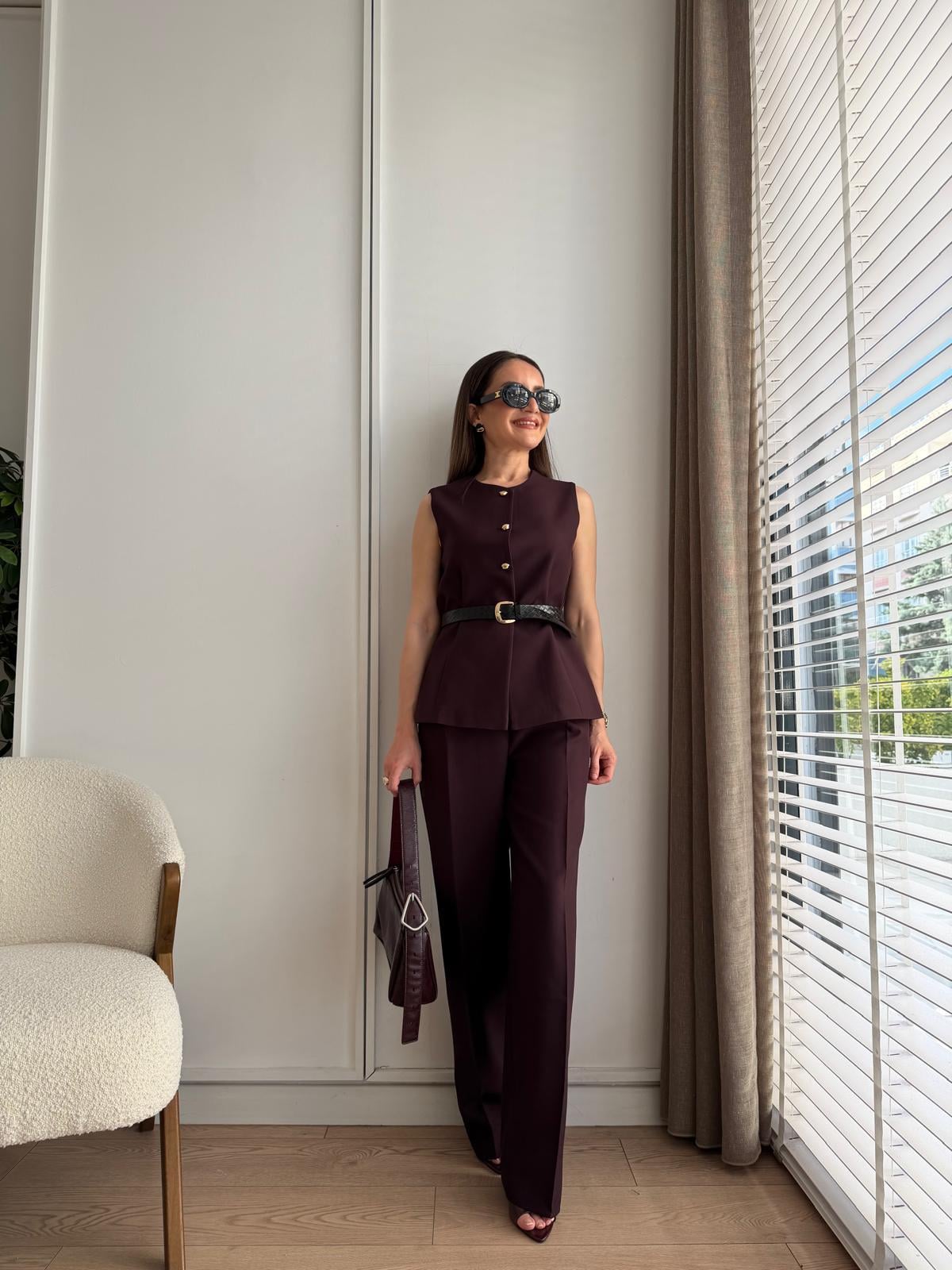 Mürdüm Kemerli Yelek Pantolon Takım 8891