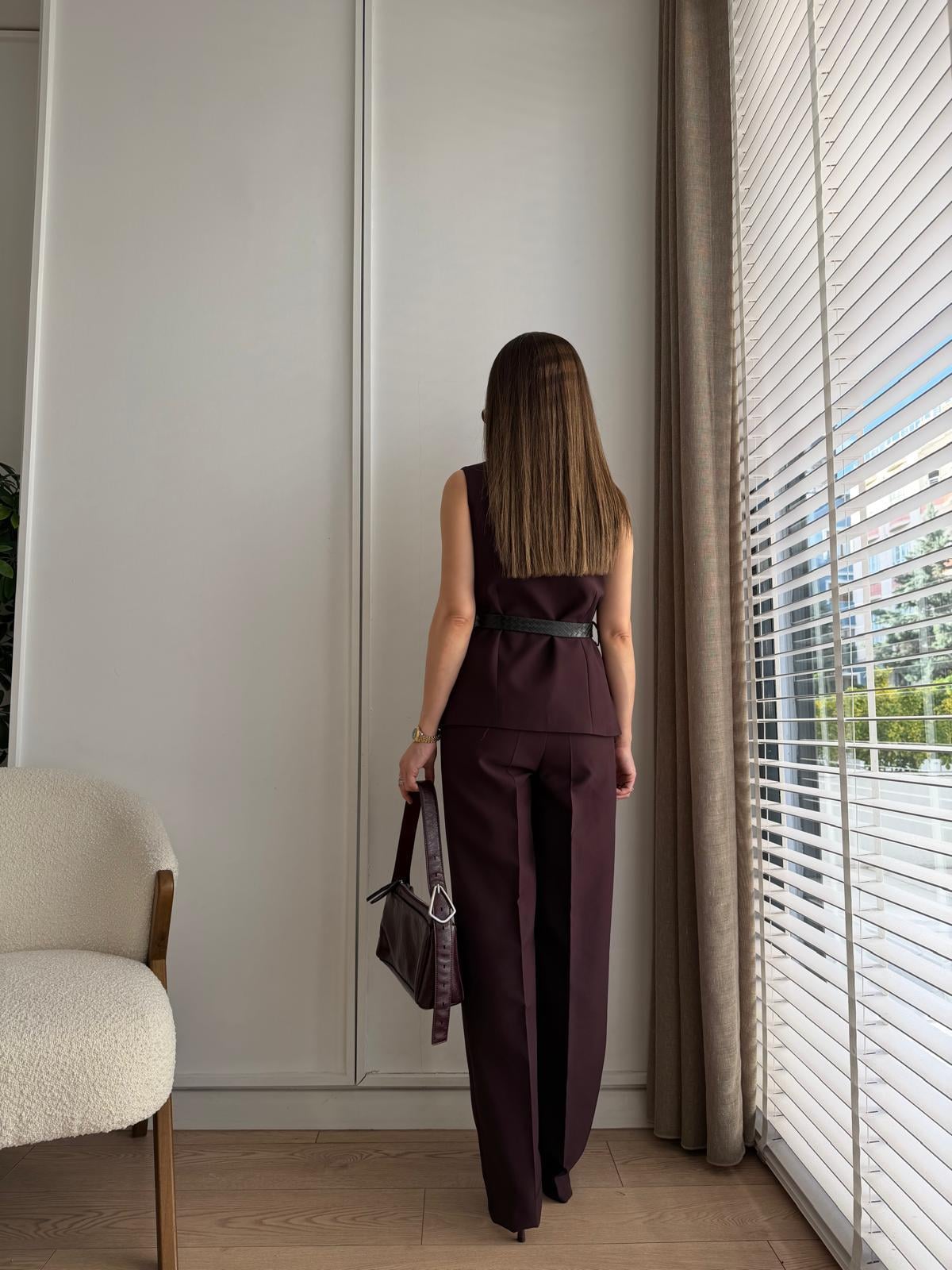 Mürdüm Kemerli Yelek Pantolon Takım 8891