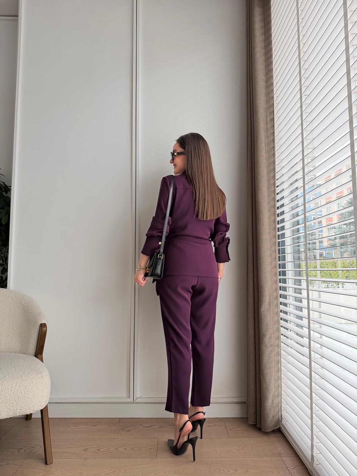 Mürdüm Kruvaze Yaka Gold Bronşlu Ceket Pantolon Takım 1213