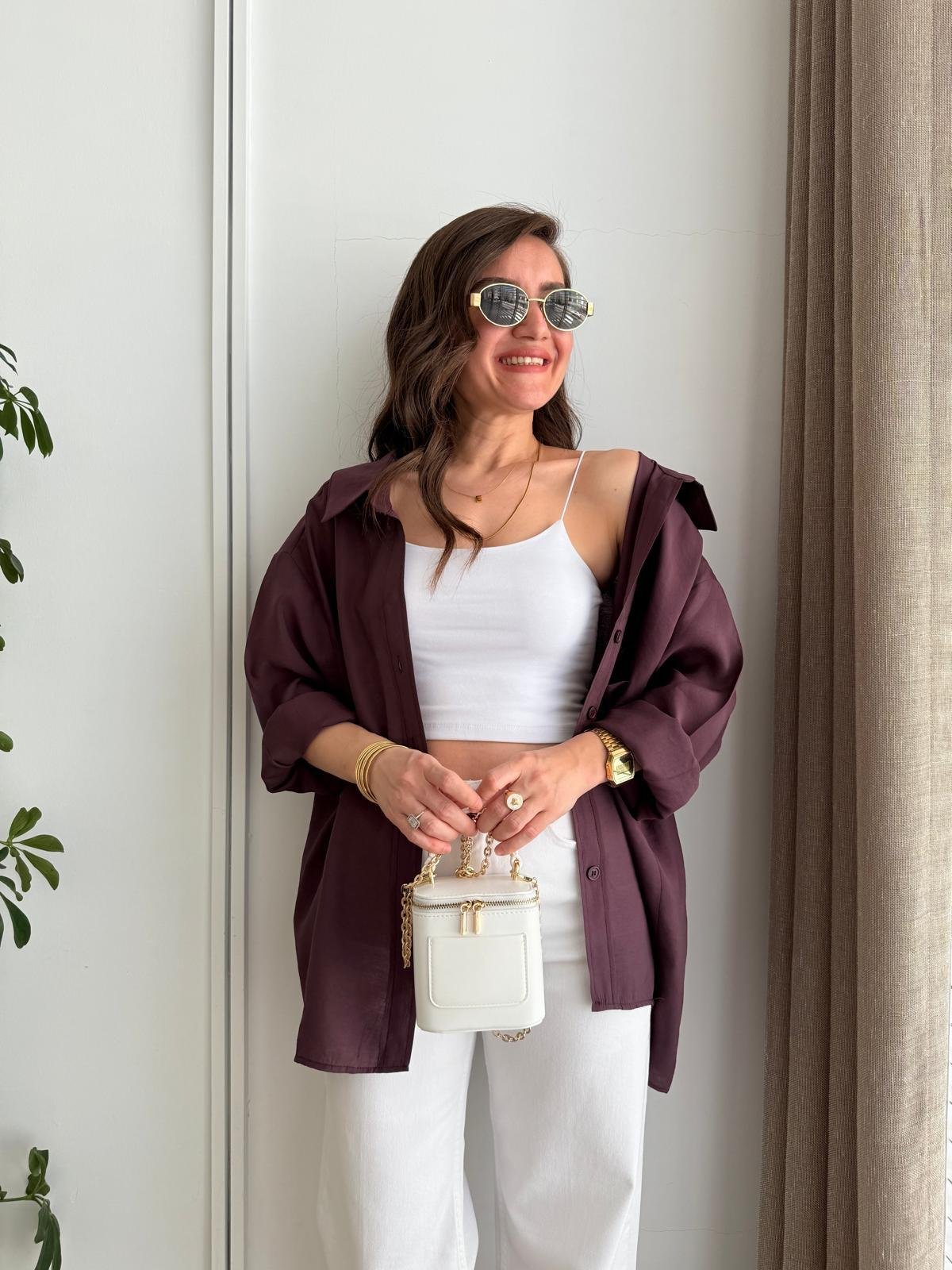 Mürdüm Lüx Kalite Oversize Gömlek 4612