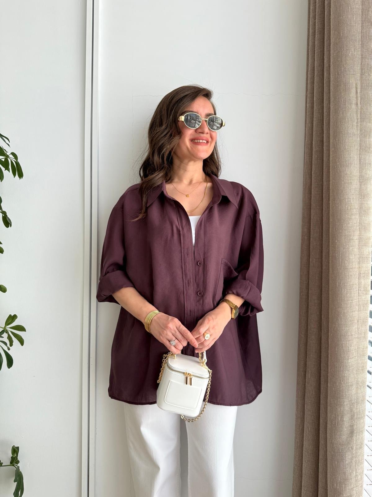 Mürdüm Lüx Kalite Oversize Gömlek 4612