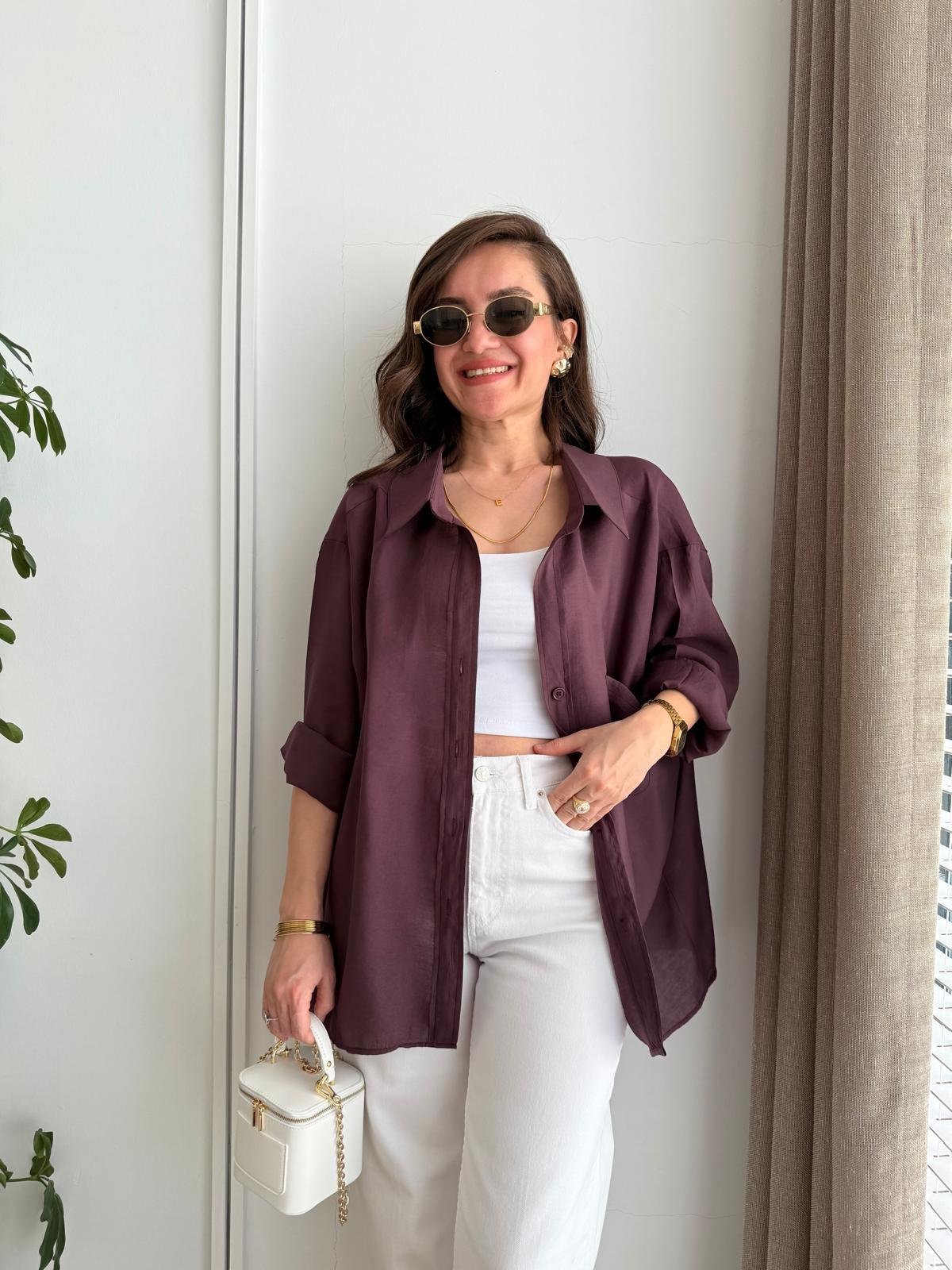 Mürdüm Lüx Kalite Oversize Gömlek 4612