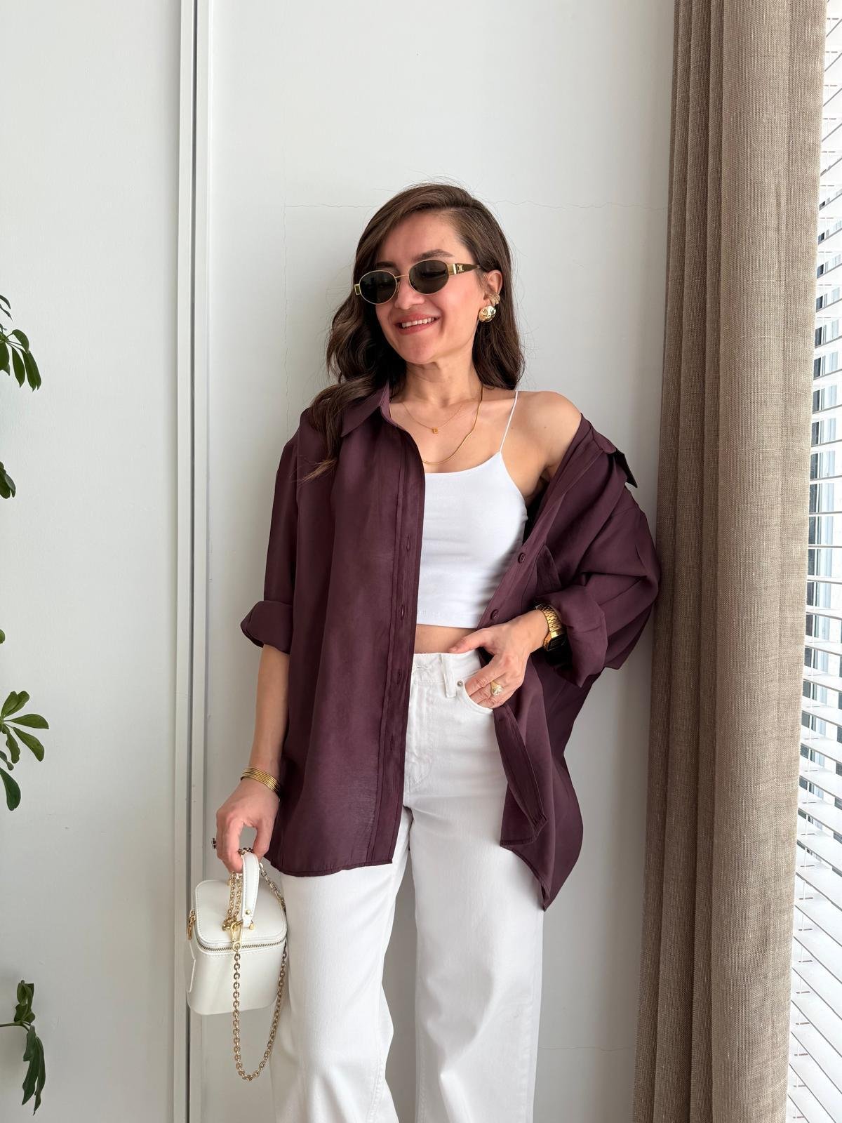 Mürdüm Lüx Kalite Oversize Gömlek 4612