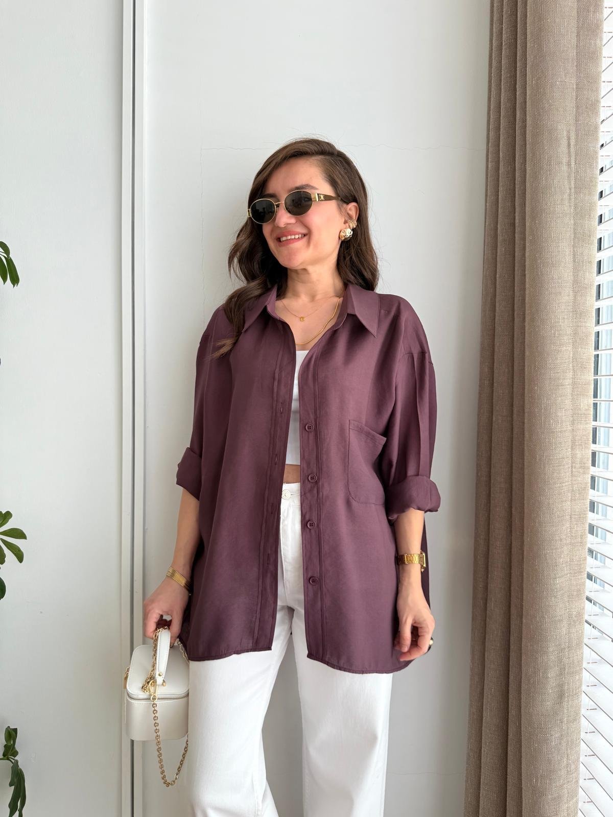 Mürdüm Lüx Kalite Oversize Gömlek 4612