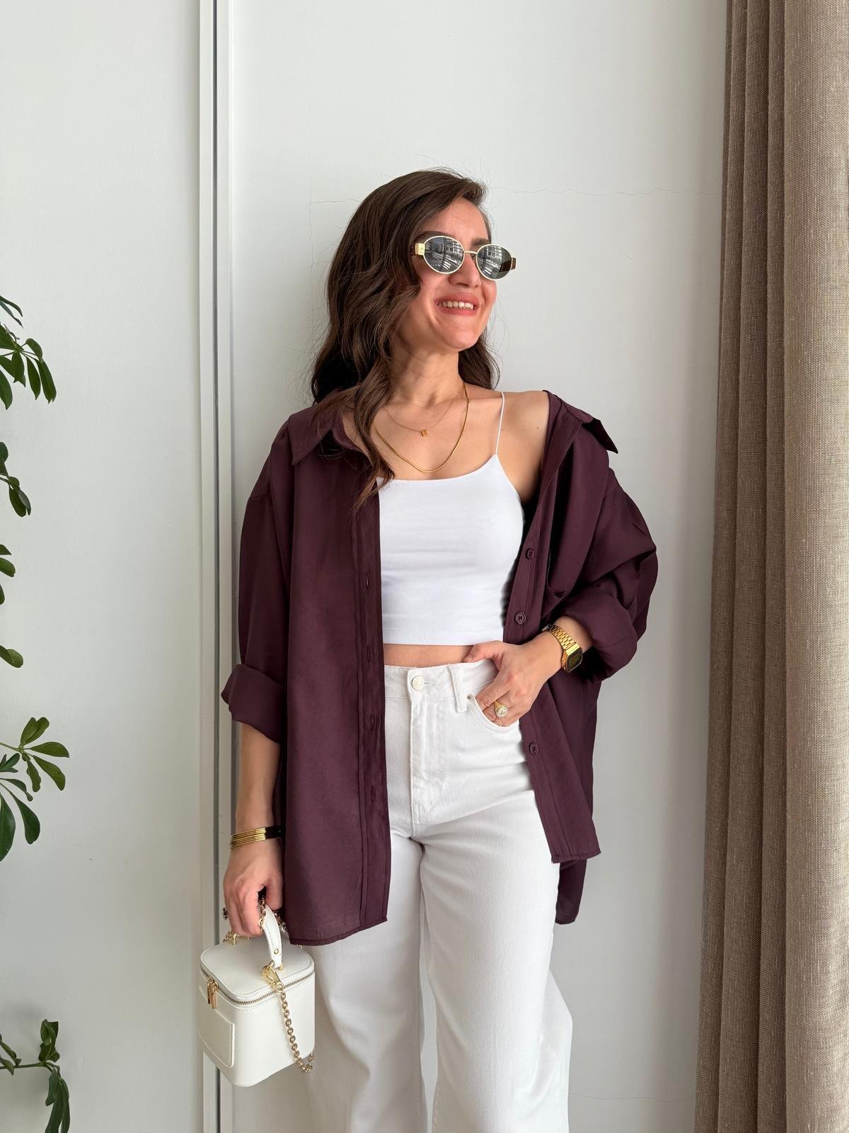 Mürdüm Lüx Kalite Oversize Gömlek 4612