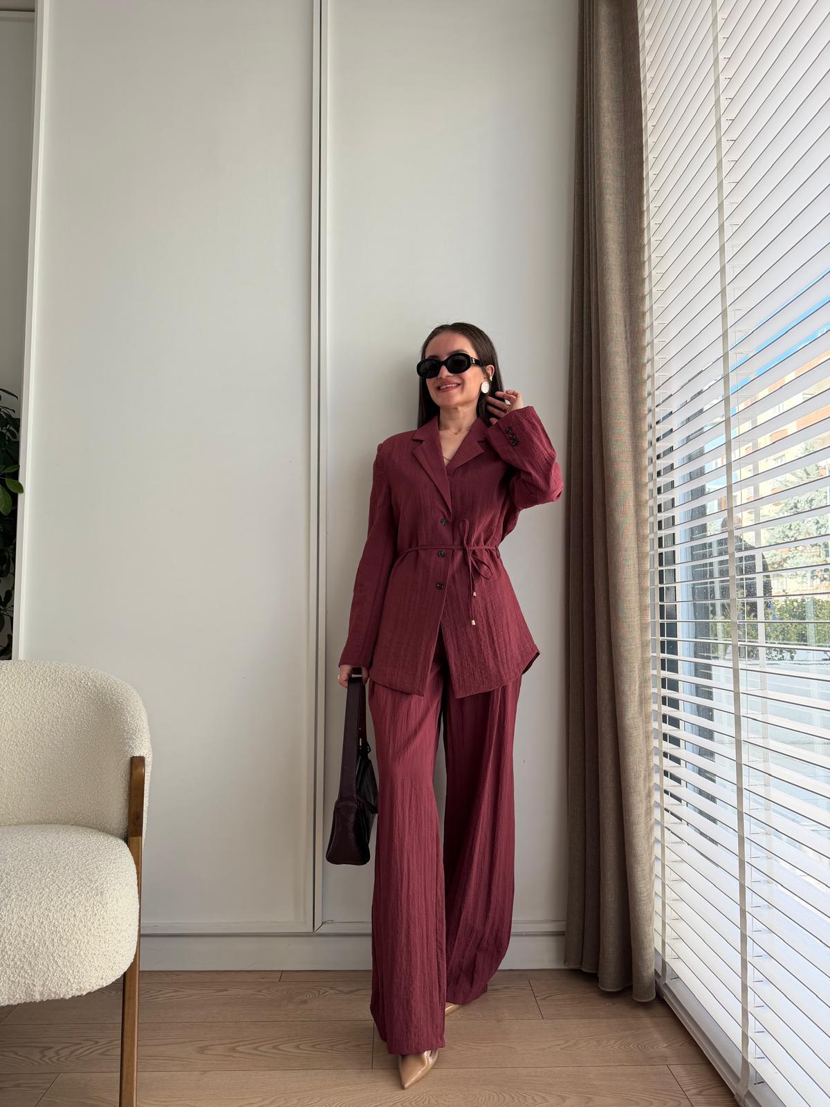 Mürdüm Ön Düğmeli Kuşaklı Ceket Pantolon Takım 9693