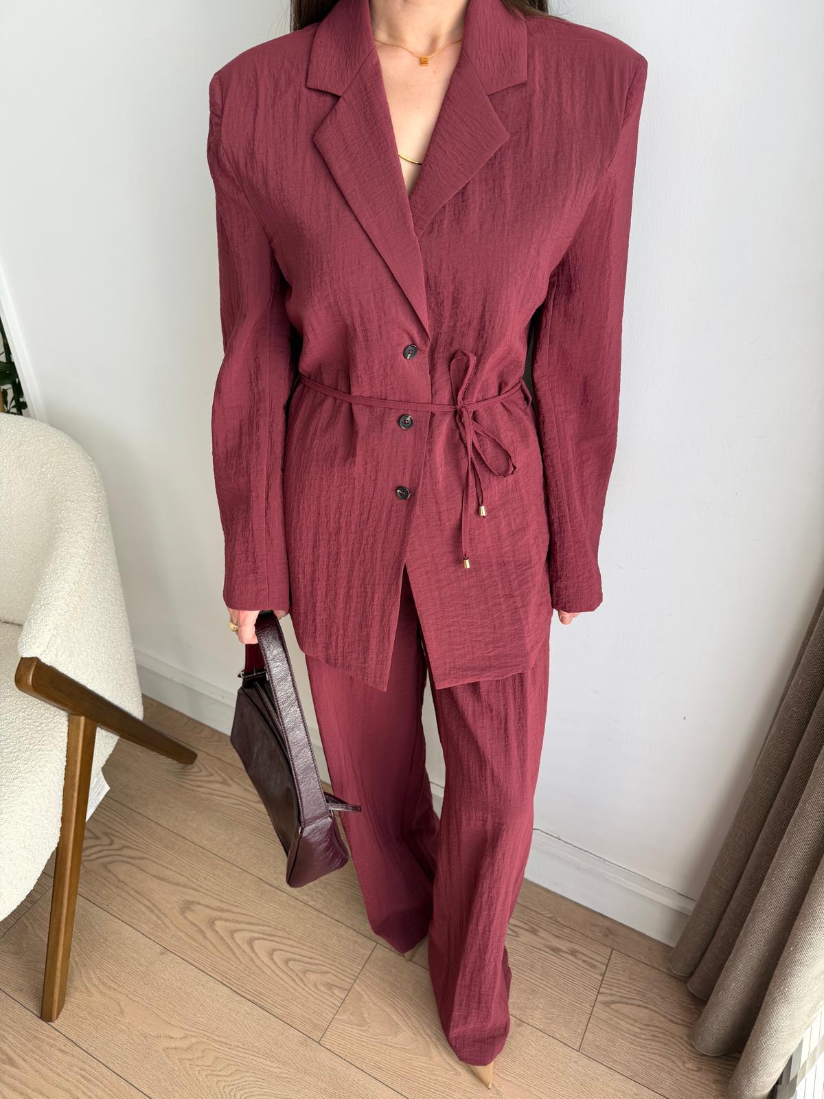 Mürdüm Ön Düğmeli Kuşaklı Ceket Pantolon Takım 9693