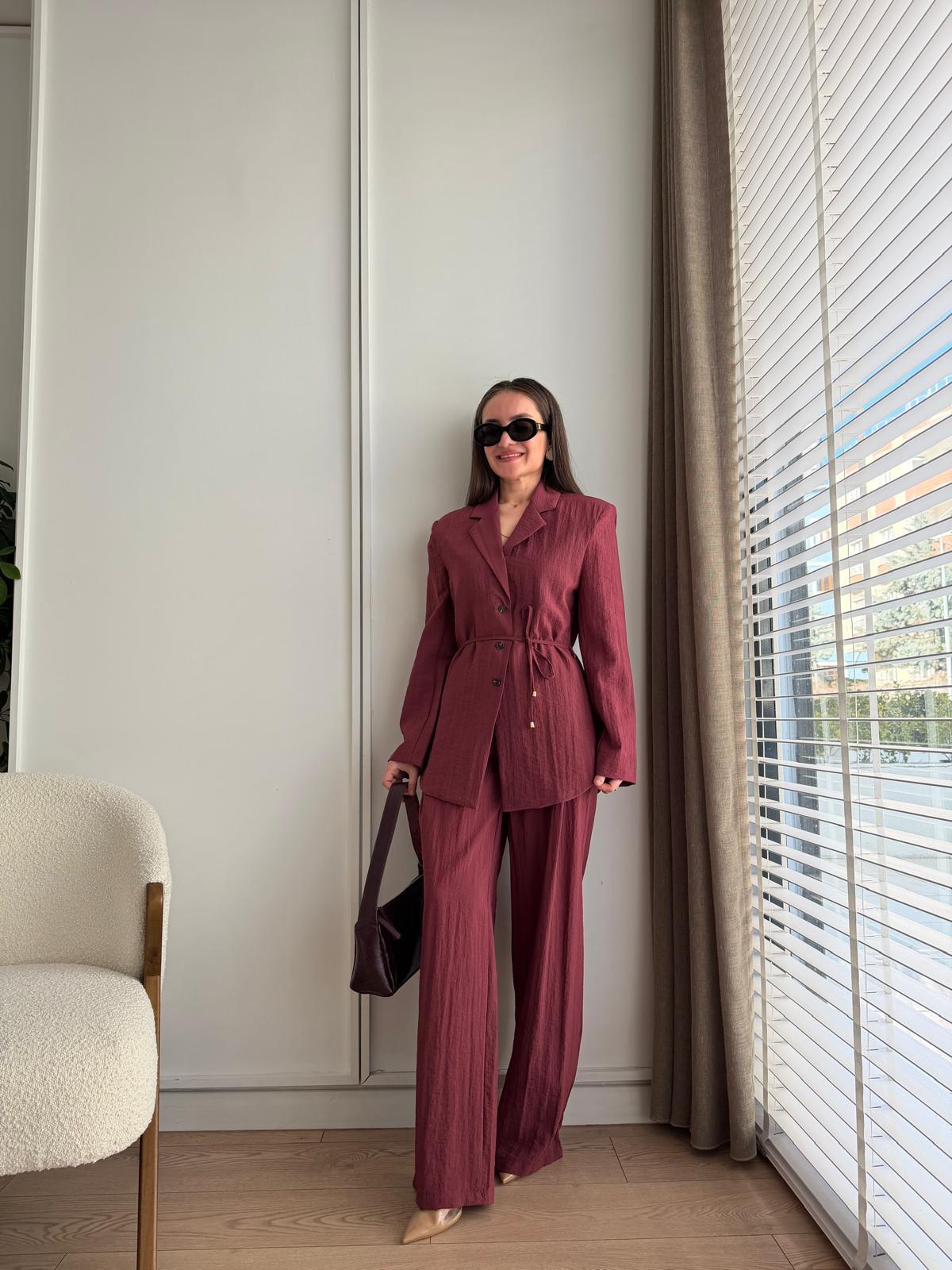 Mürdüm Ön Düğmeli Kuşaklı Ceket Pantolon Takım 9693