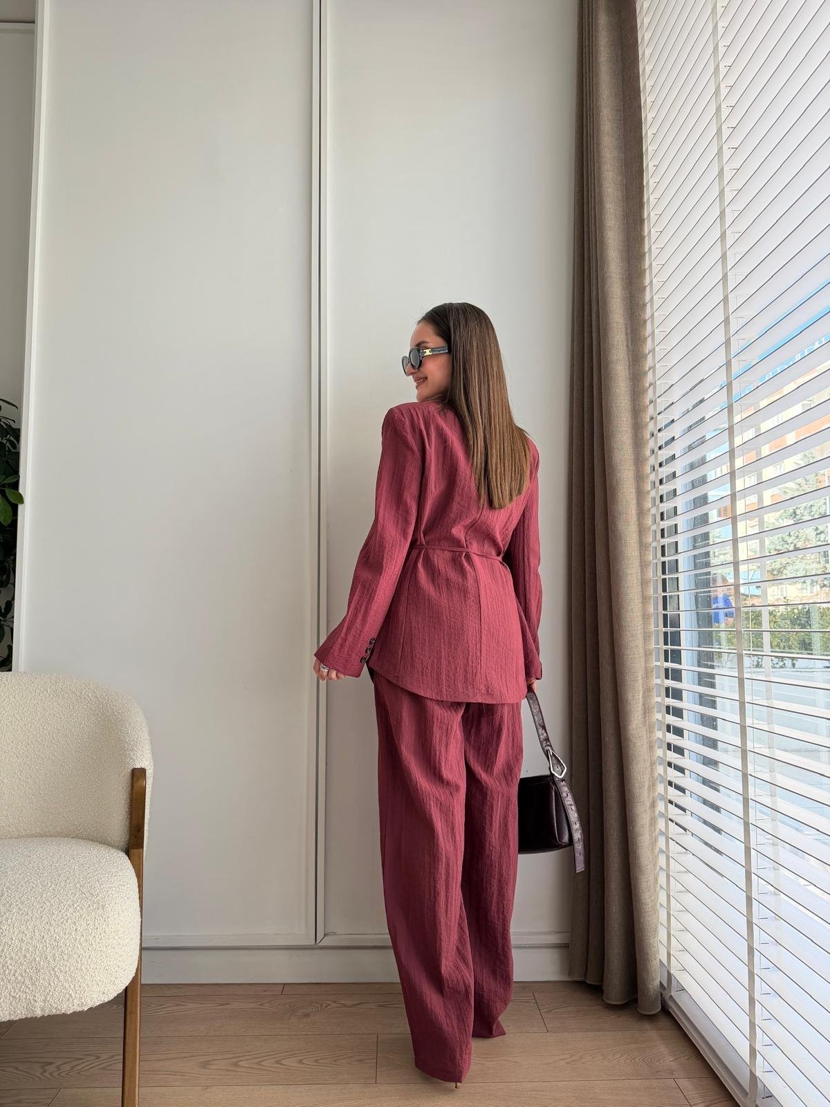 Mürdüm Ön Düğmeli Kuşaklı Ceket Pantolon Takım 9693