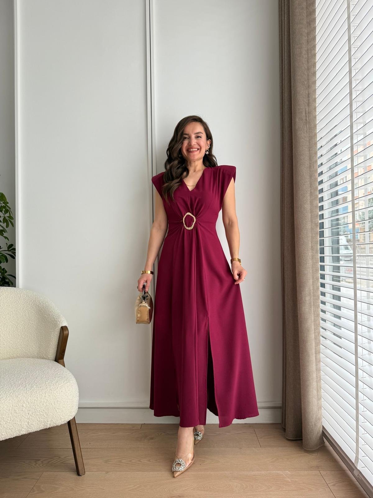 Mürdüm Ön Toka Detaylı Vatkalı Elbise 4506