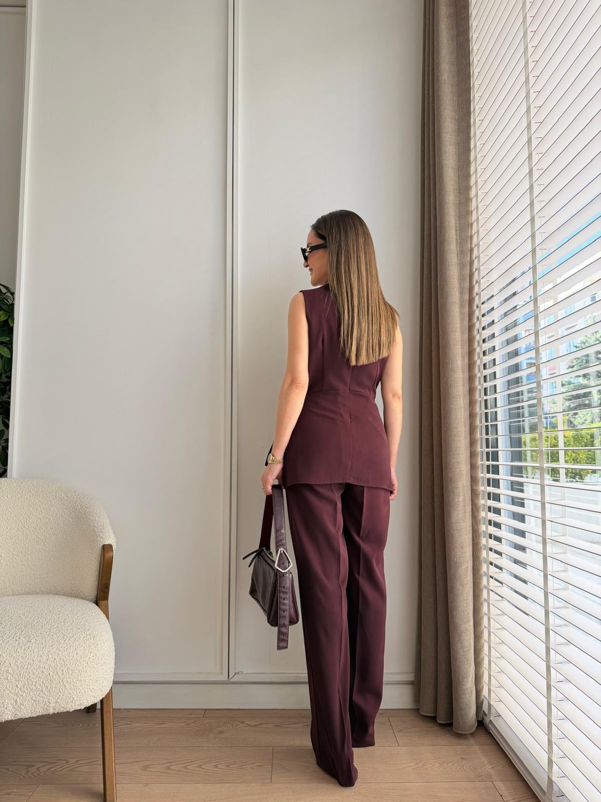 Mürdüm Pile Detaylı Düğümlü Bluz Pantolon Takım 9083