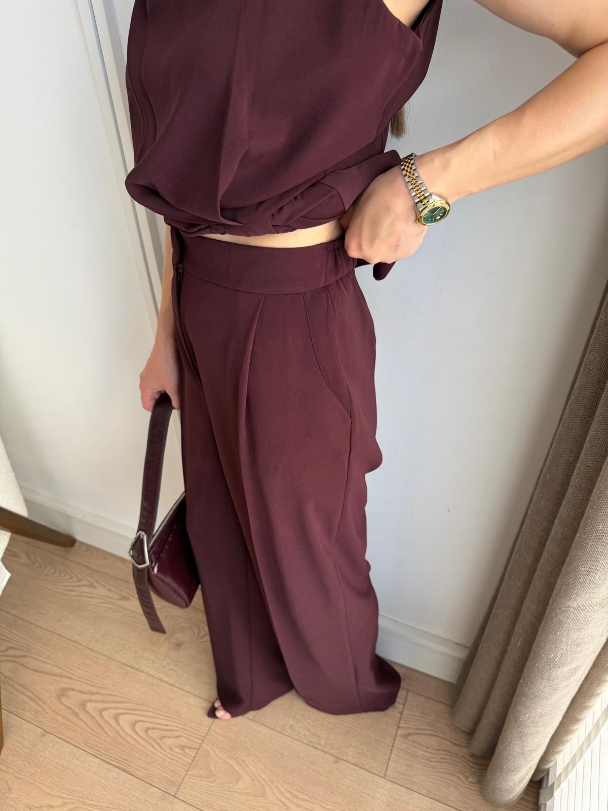 Mürdüm Pile Detaylı Düğümlü Bluz Pantolon Takım 9083