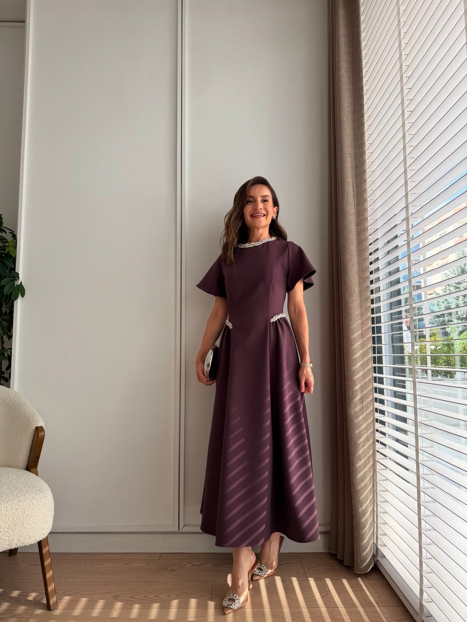 Mürdüm Prenses Kesim Taş İşlemeli Elbise 3220
