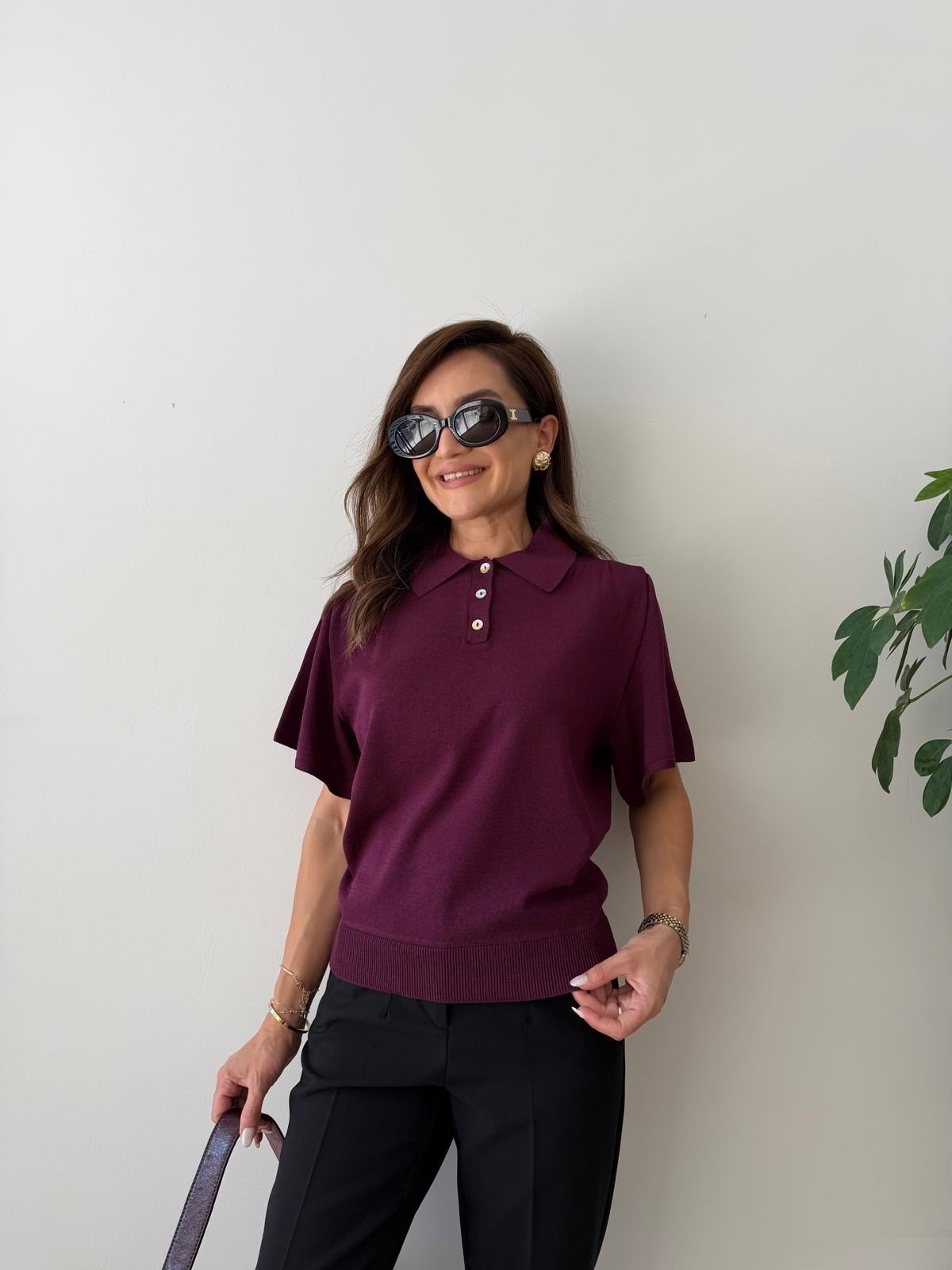 Mürdüm Üç Düğmeli Polo Yaka Bluz 5451