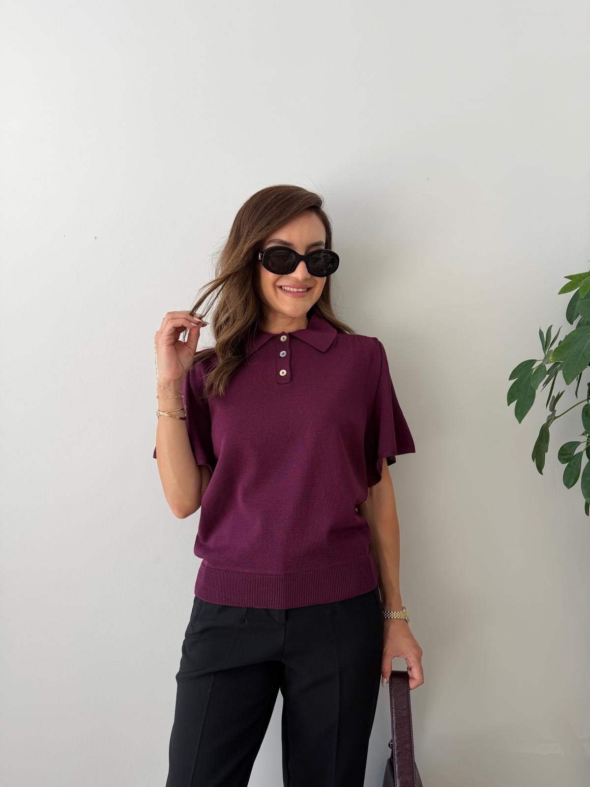 Mürdüm Üç Düğmeli Polo Yaka Bluz 5451