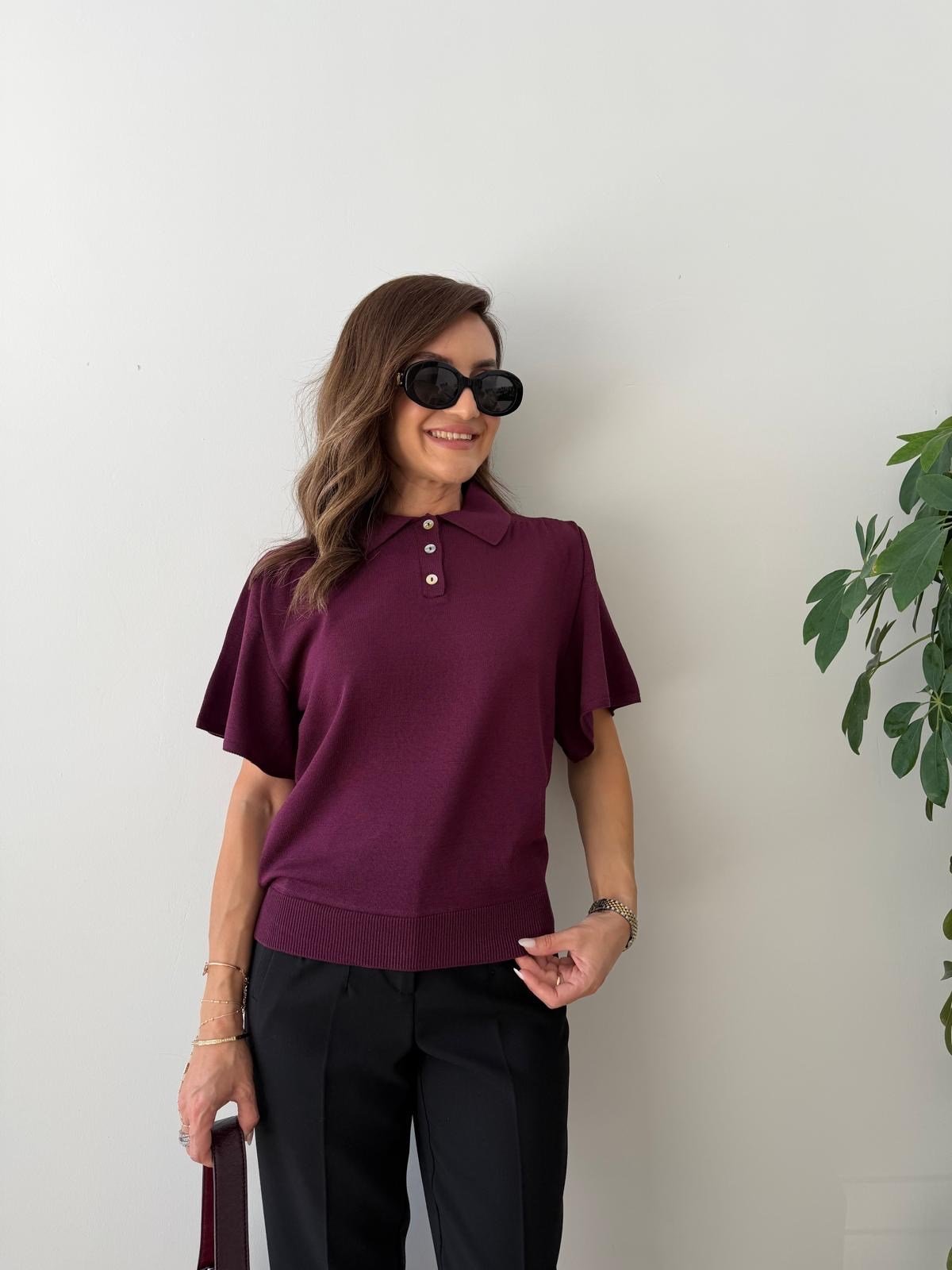 Mürdüm Üç Düğmeli Polo Yaka Bluz 5451