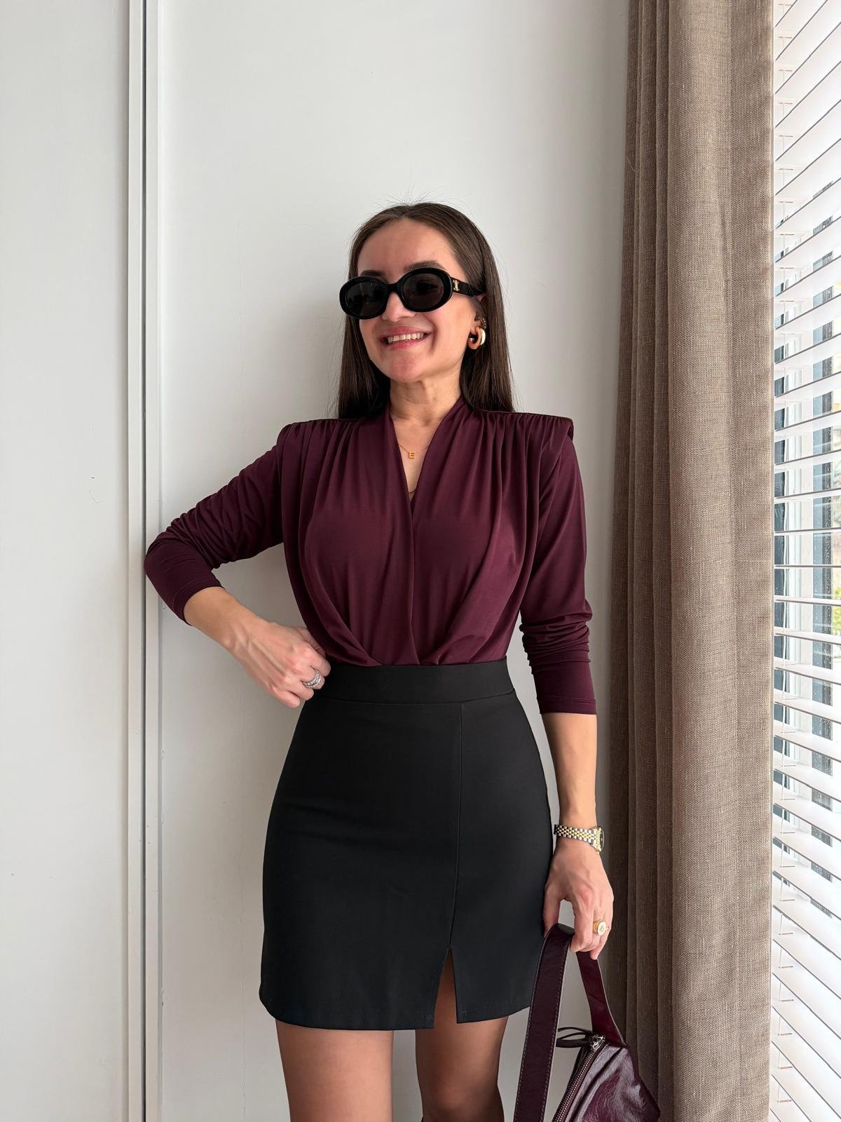 Mürdüm Vatkalı Kruvaze Yaka Bodysuit 6001
