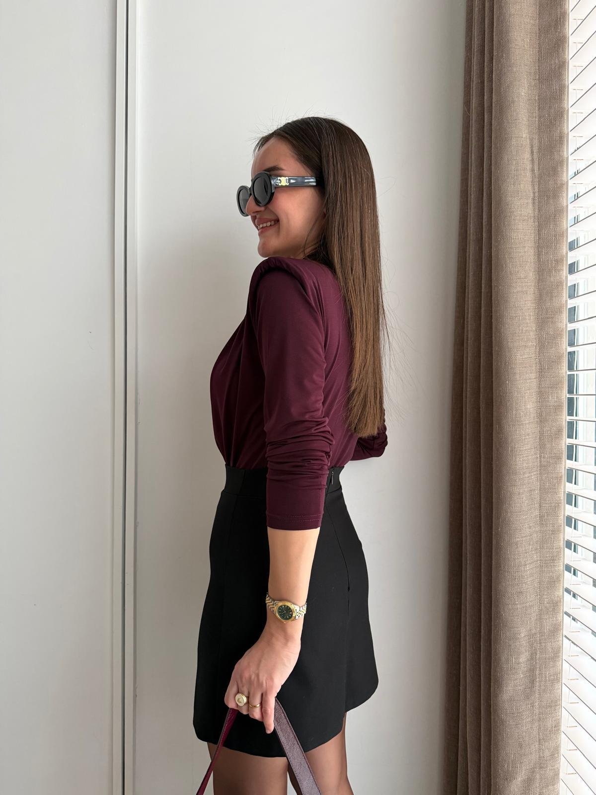 Mürdüm Vatkalı Kruvaze Yaka Bodysuit 6001