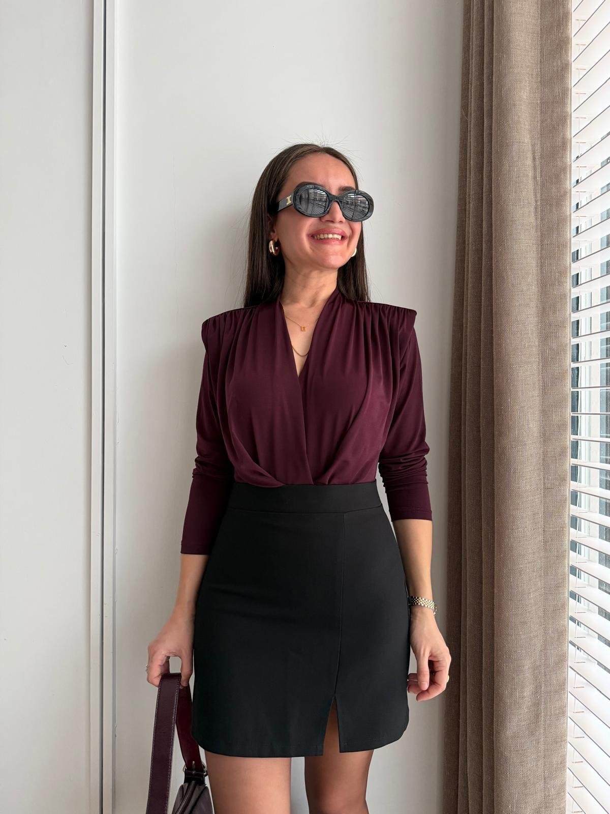 Mürdüm Vatkalı Kruvaze Yaka Bodysuit 6001