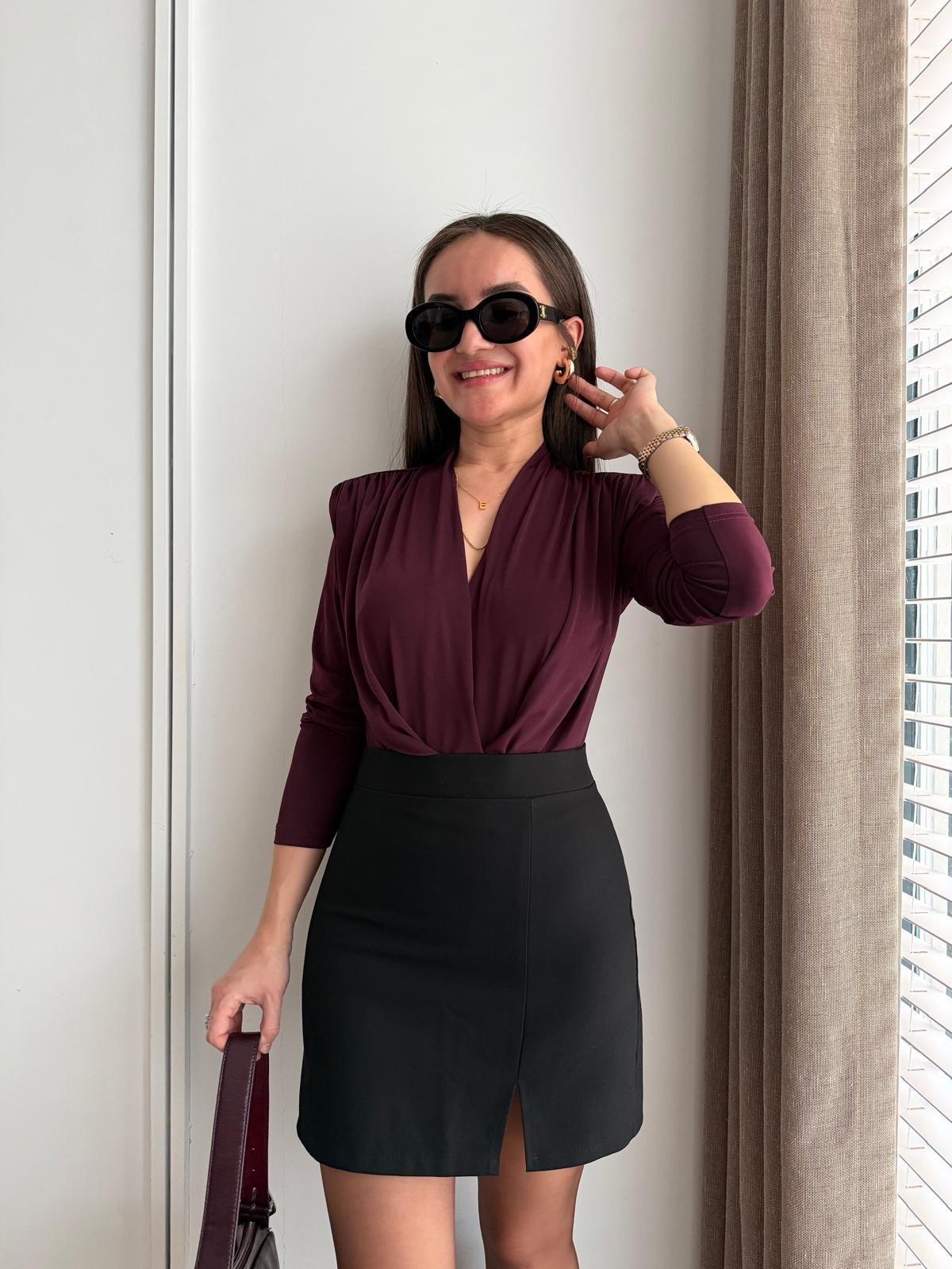 Mürdüm Vatkalı Kruvaze Yaka Bodysuit 6001