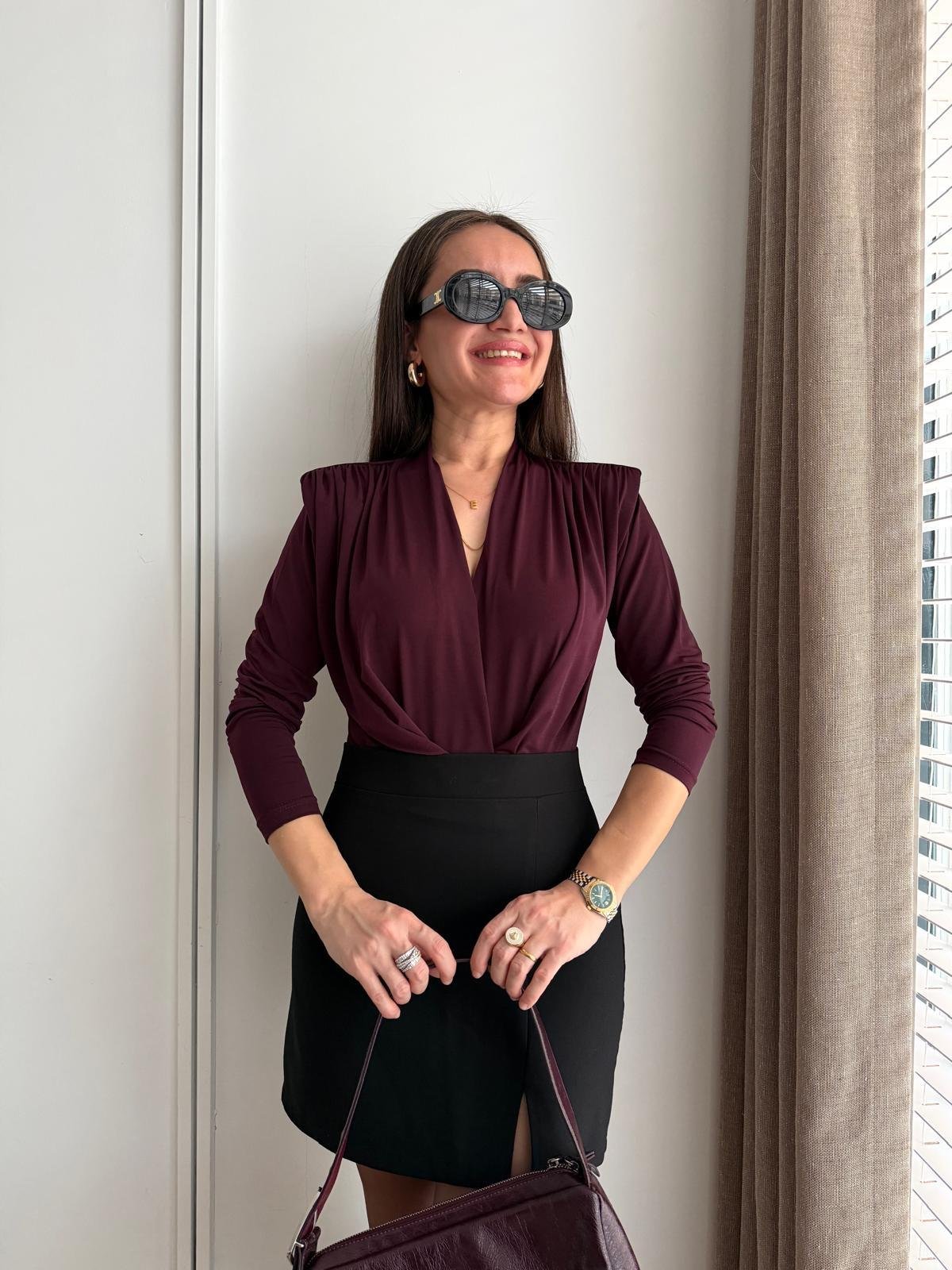 Mürdüm Vatkalı Kruvaze Yaka Bodysuit 6001