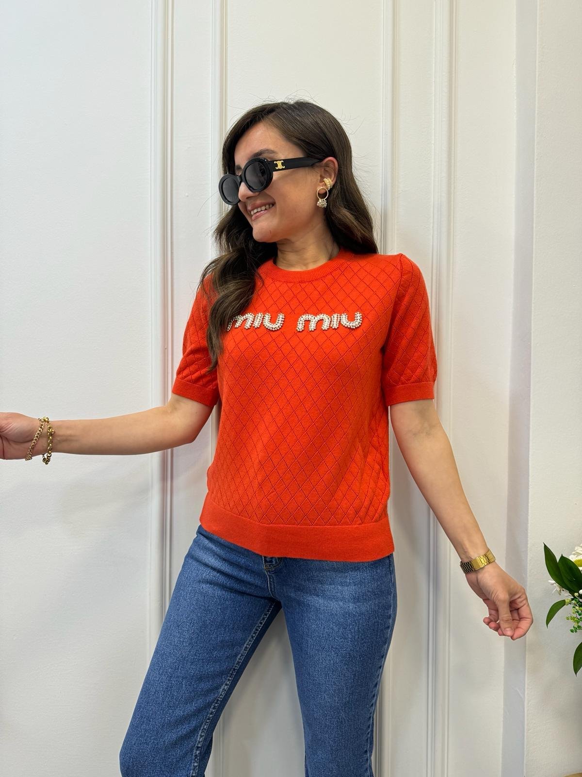 Nar çiçeği Bisiklet Yaka Orjinal Marka Kısa Kollu Triko Bluz 241029