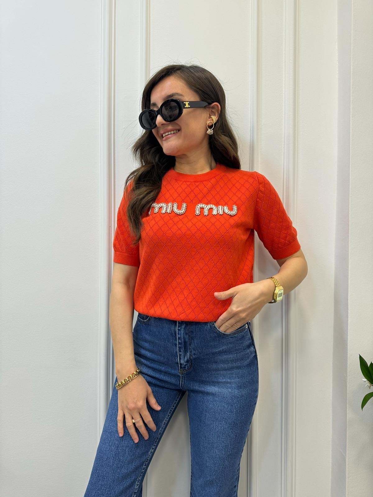 Nar çiçeği Bisiklet Yaka Orjinal Marka Kısa Kollu Triko Bluz 241029