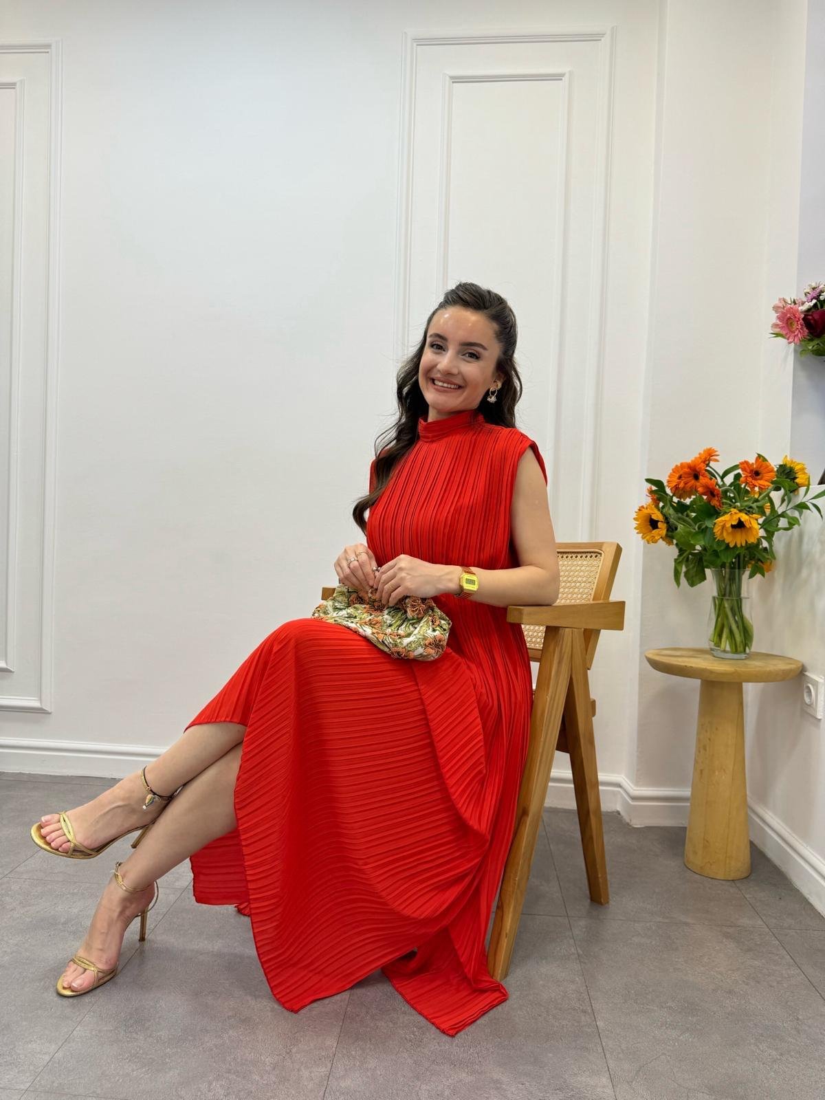 Nar çiçeği Piliseli Örgü Kemerli Şifon Elbise 6146