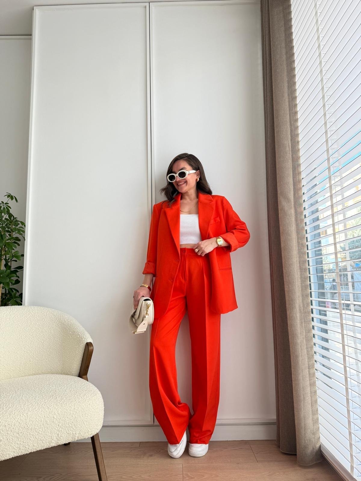 Nar çiçeği Vatkalı Astarlı Bol Paça Blazer Ceket Pantolon Takım 43356