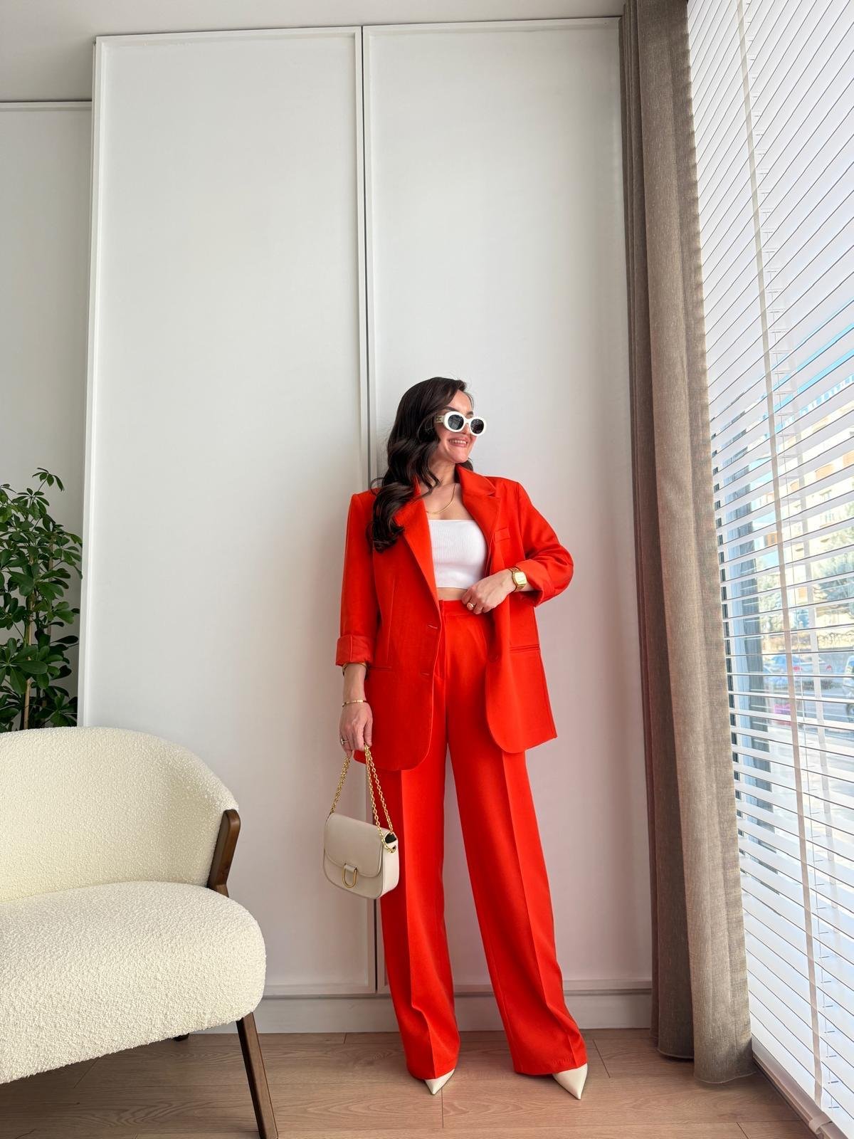 Nar çiçeği Vatkalı Astarlı Bol Paça Blazer Ceket Pantolon Takım 43356
