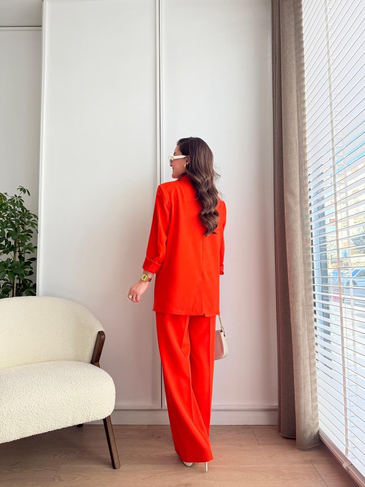 Nar çiçeği Vatkalı Astarlı Bol Paça Blazer Ceket Pantolon Takım 43356